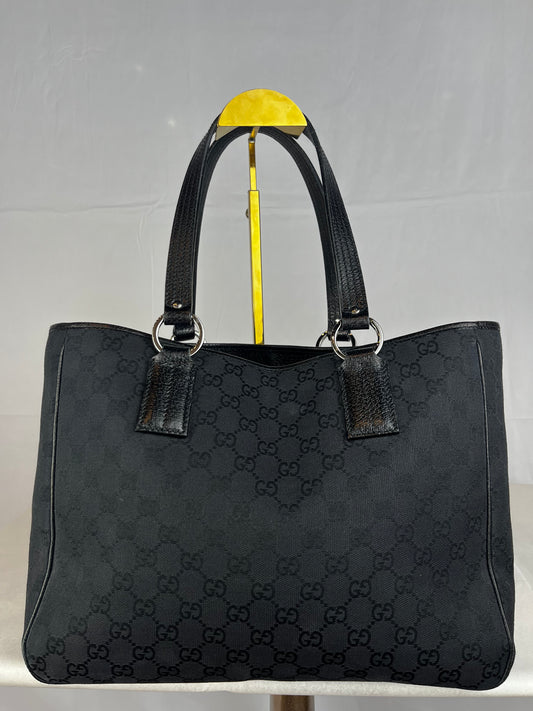 Gucci Black GG Monogram Leather Trim Tote Bag