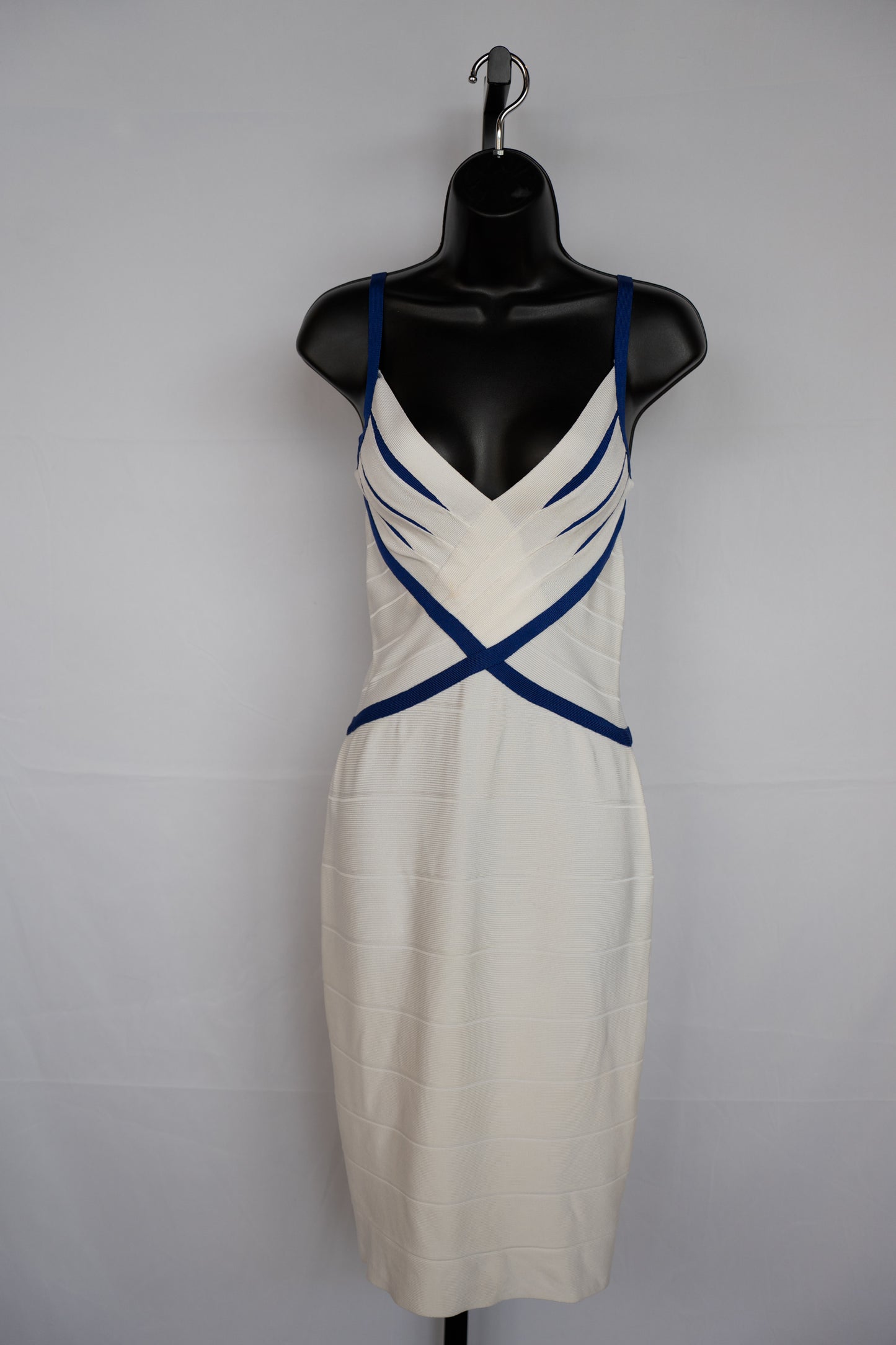 Herve Leger White w Blue Trim Sleeveless Bandage Knee-Length Dress