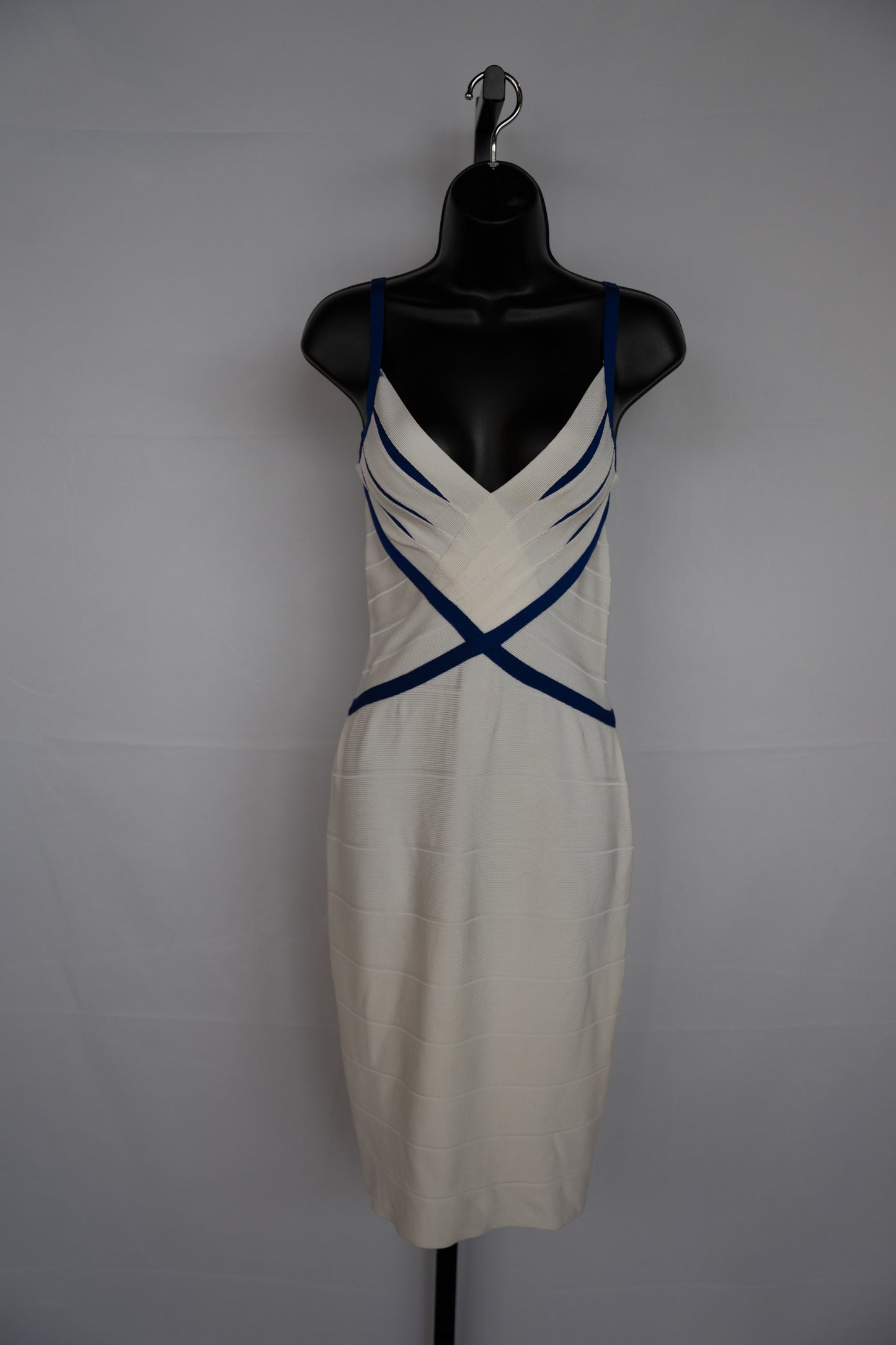 Herve Leger White w Blue Trim Sleeveless Bandage Knee-Length Dress