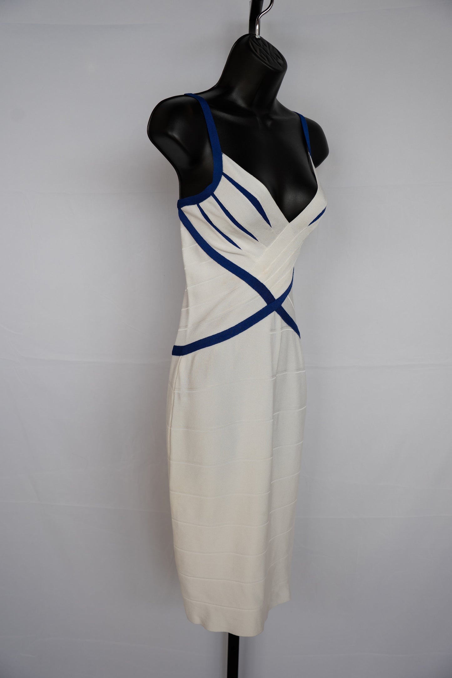 Herve Leger White w Blue Trim Sleeveless Bandage Knee-Length Dress