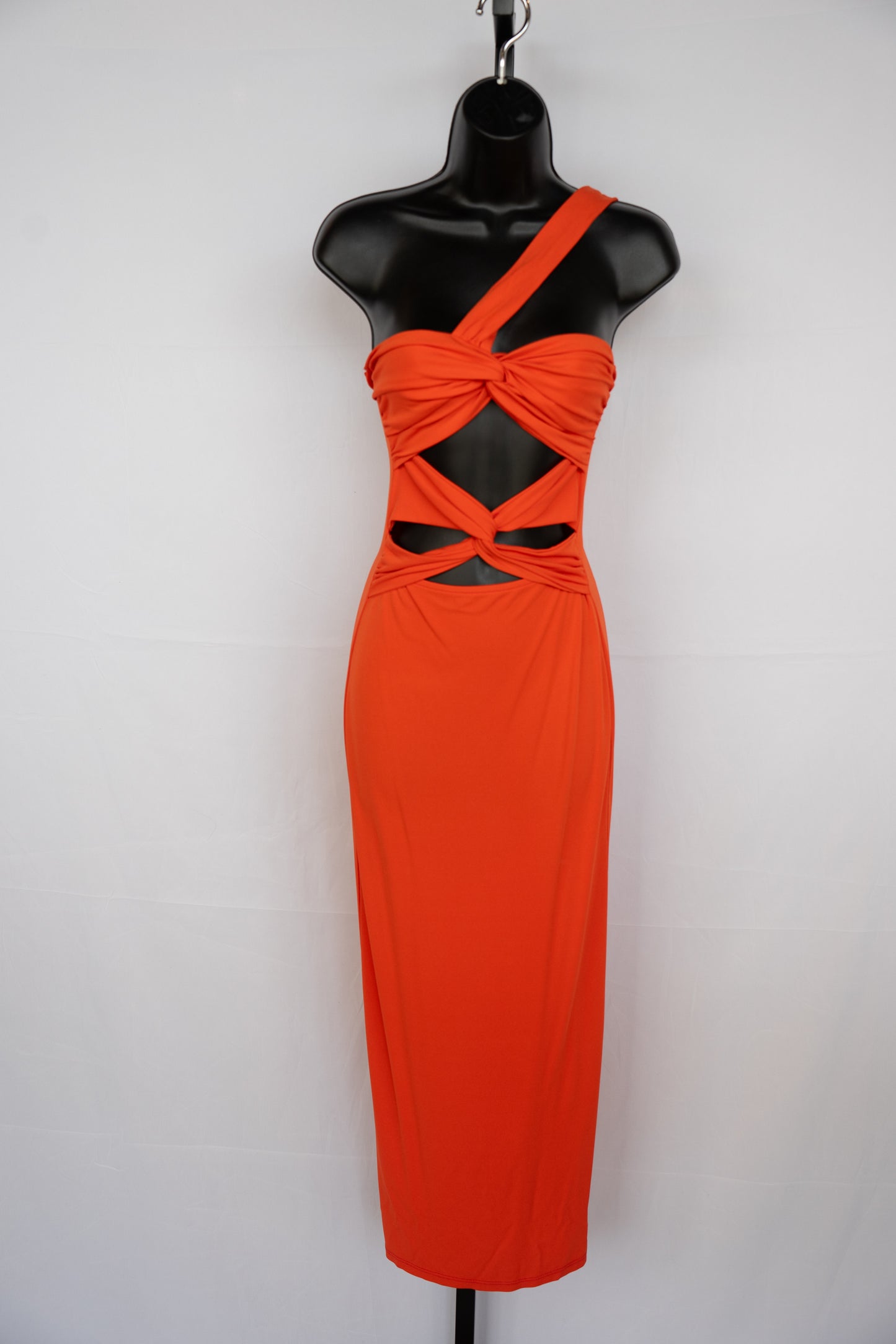 Ronny Kobo Orange One Strap Midi Dress w/ Twisted Open Front