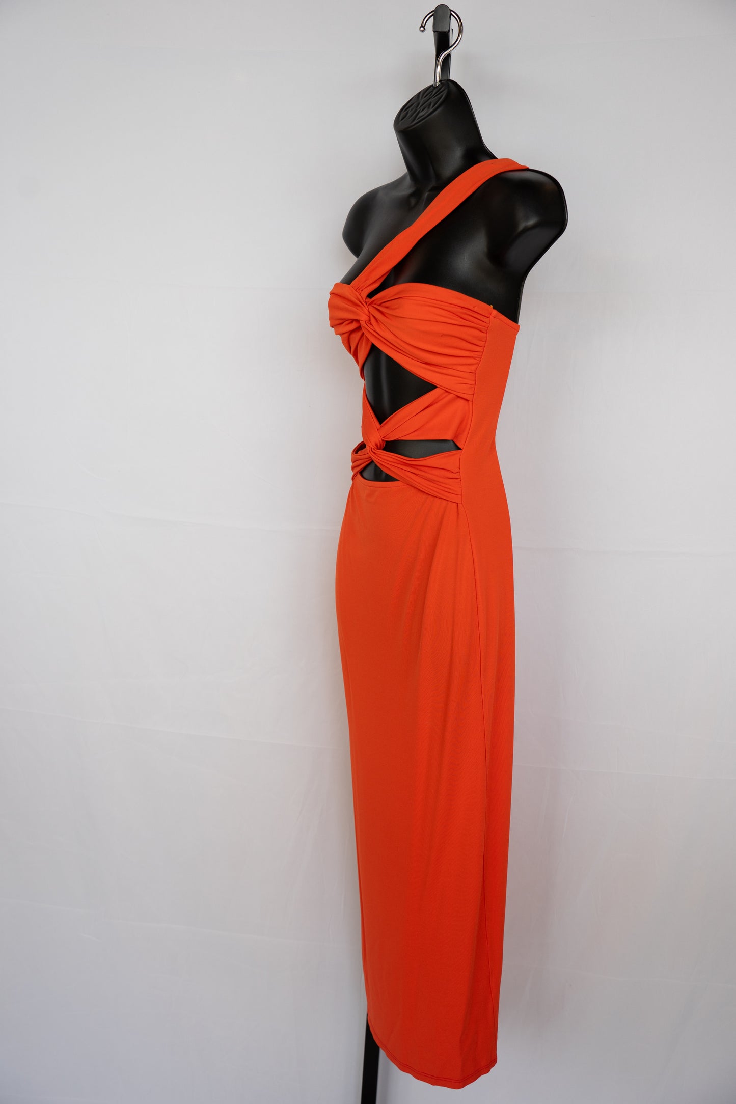 Ronny Kobo Orange One Strap Midi Dress w/ Twisted Open Front