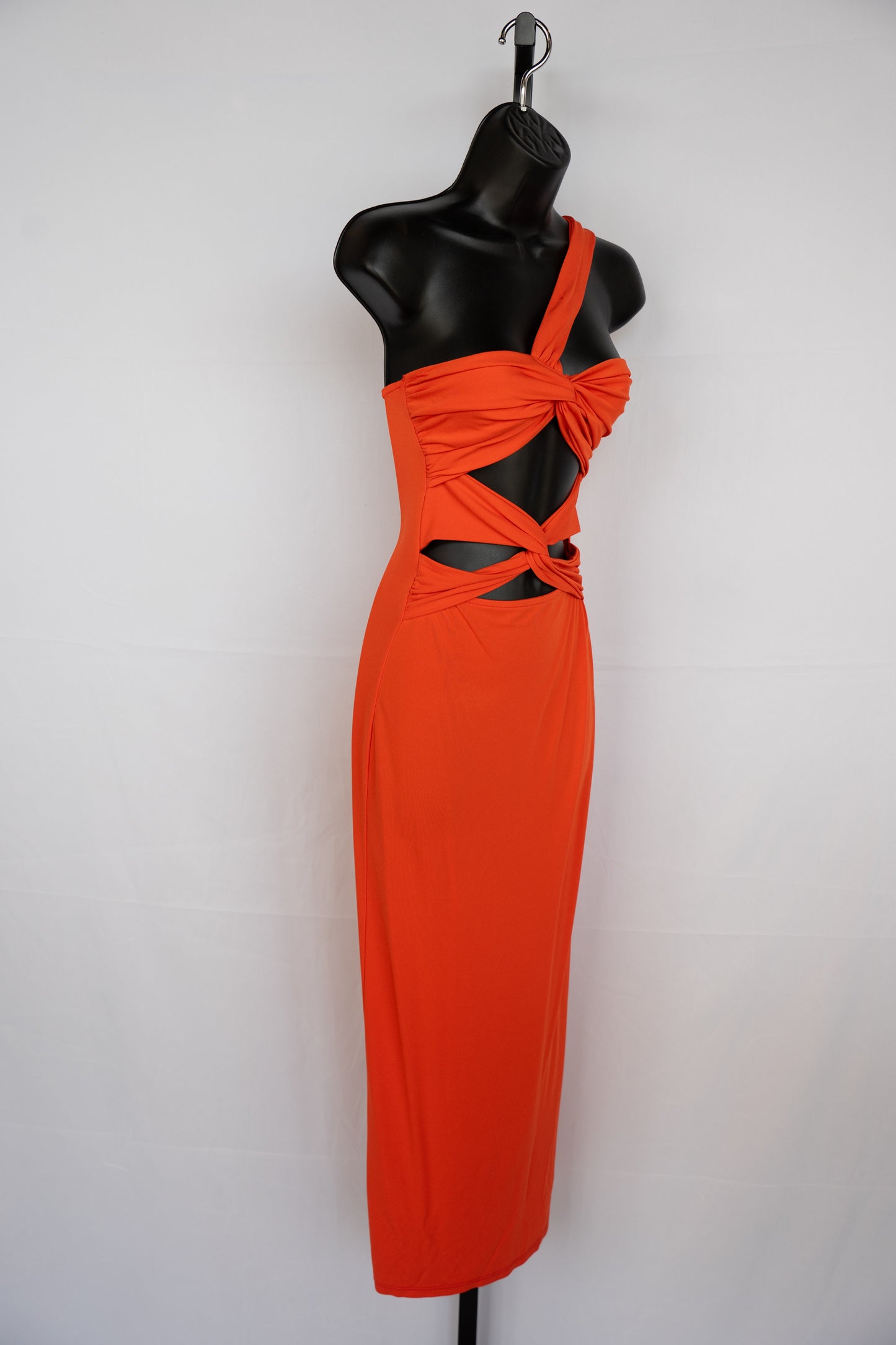 Ronny Kobo Orange One Strap Midi Dress w/ Twisted Open Front