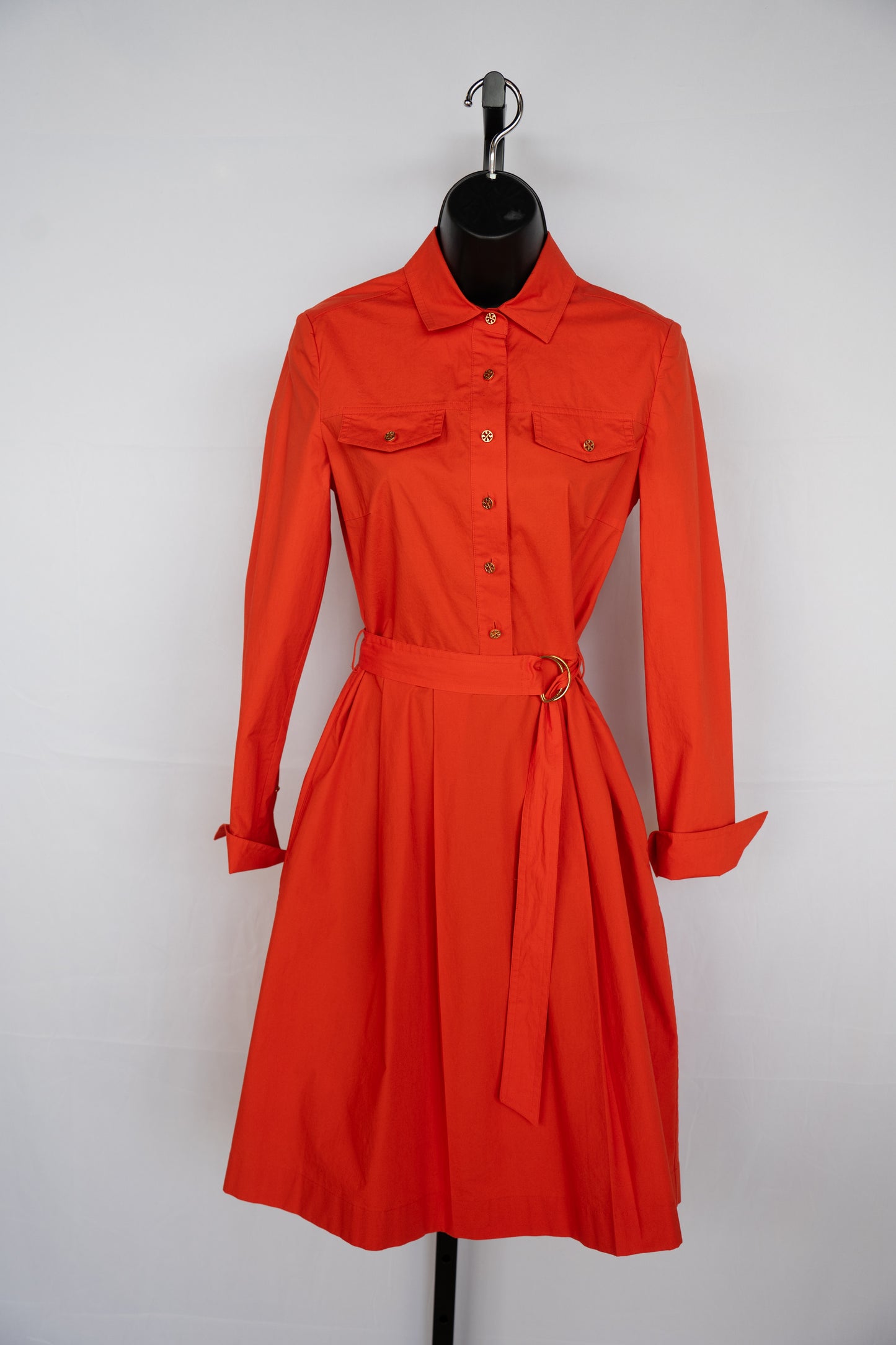 Tory Burch Orange Long Sleeve Gold Button Up Knee-Length Dress w Pleated Skirt & Belt