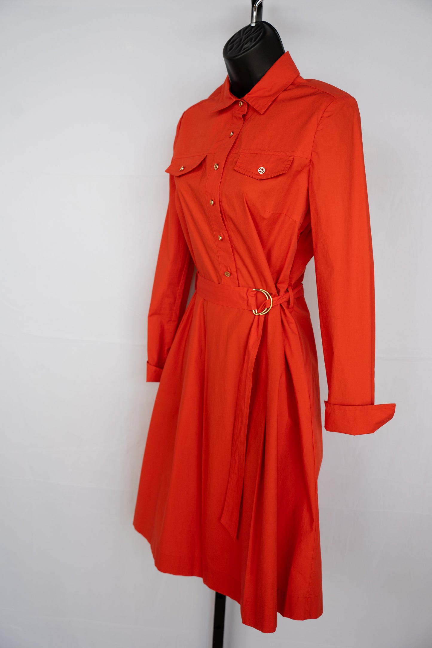 Tory Burch Orange Long Sleeve Gold Button Up Knee-Length Dress w Pleated Skirt & Belt