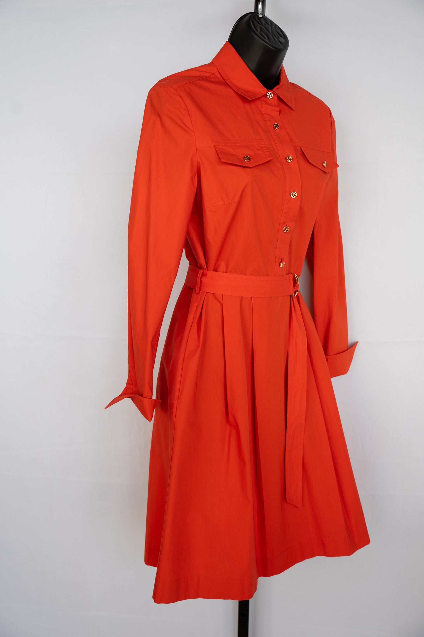 Tory Burch Orange Long Sleeve Gold Button Up Knee-Length Dress w Pleated Skirt & Belt
