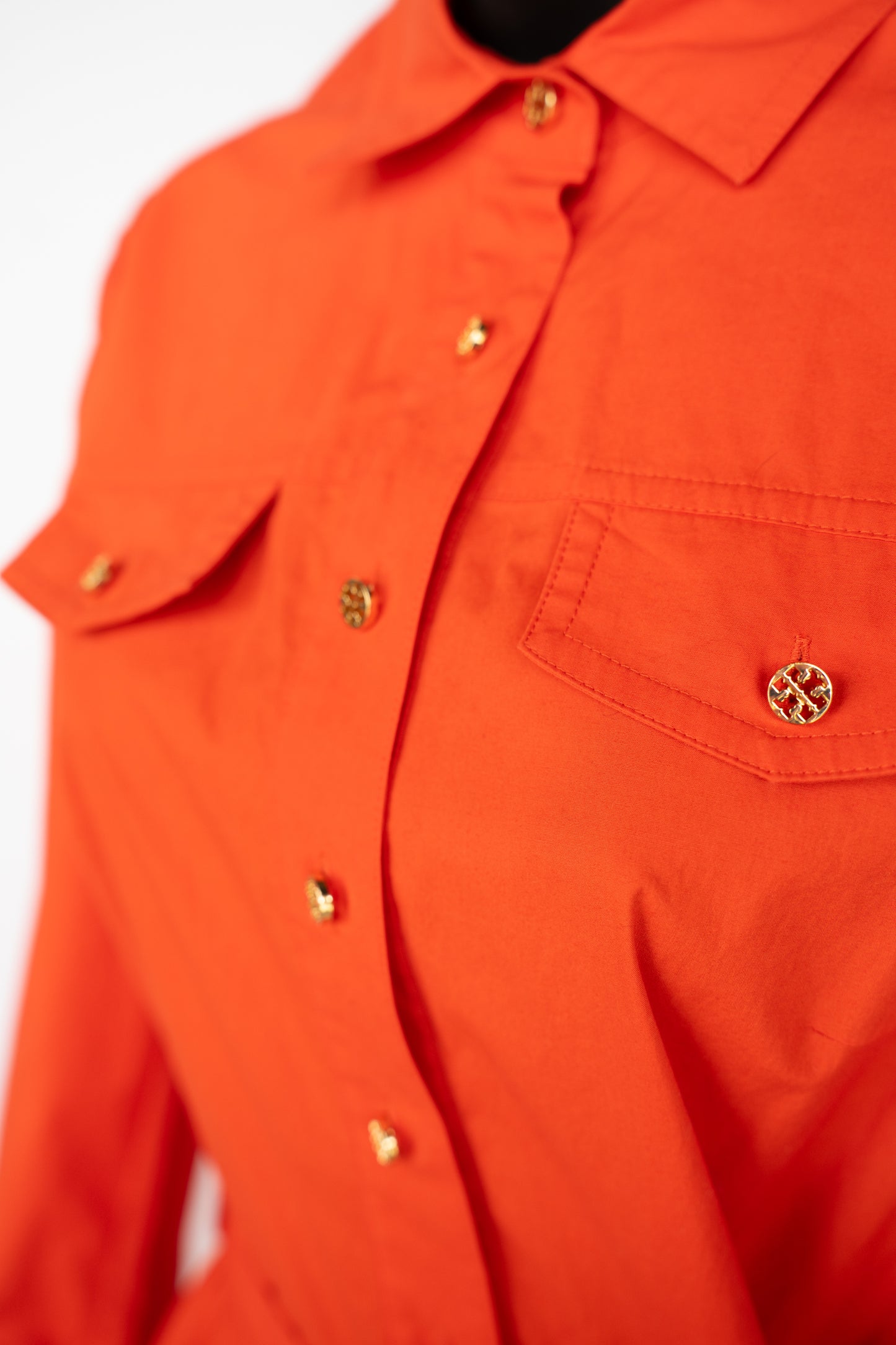 Tory Burch Orange Long Sleeve Gold Button Up Knee-Length Dress w Pleated Skirt & Belt