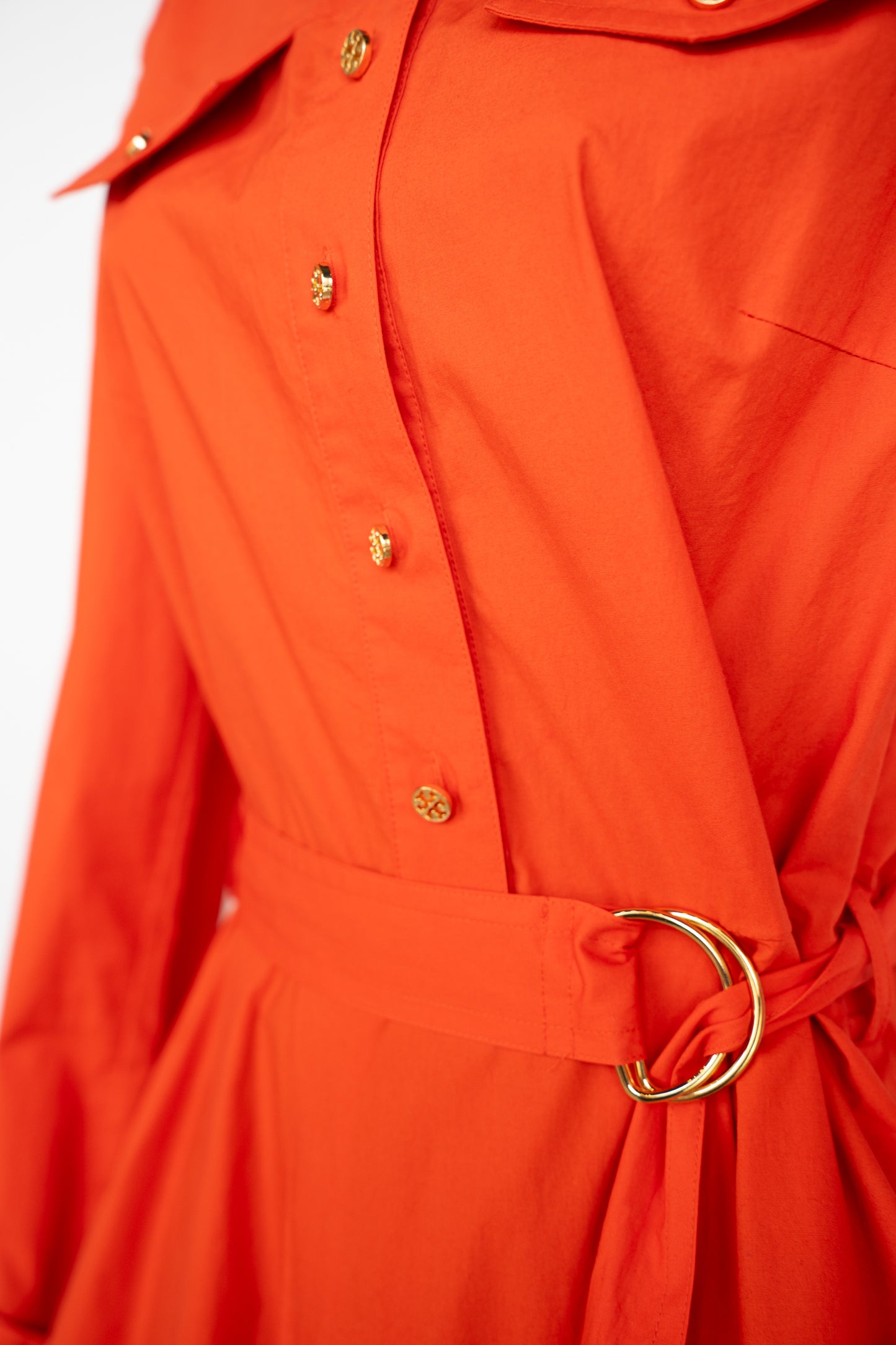 Tory Burch Orange Long Sleeve Gold Button Up Knee-Length Dress w Pleated Skirt & Belt
