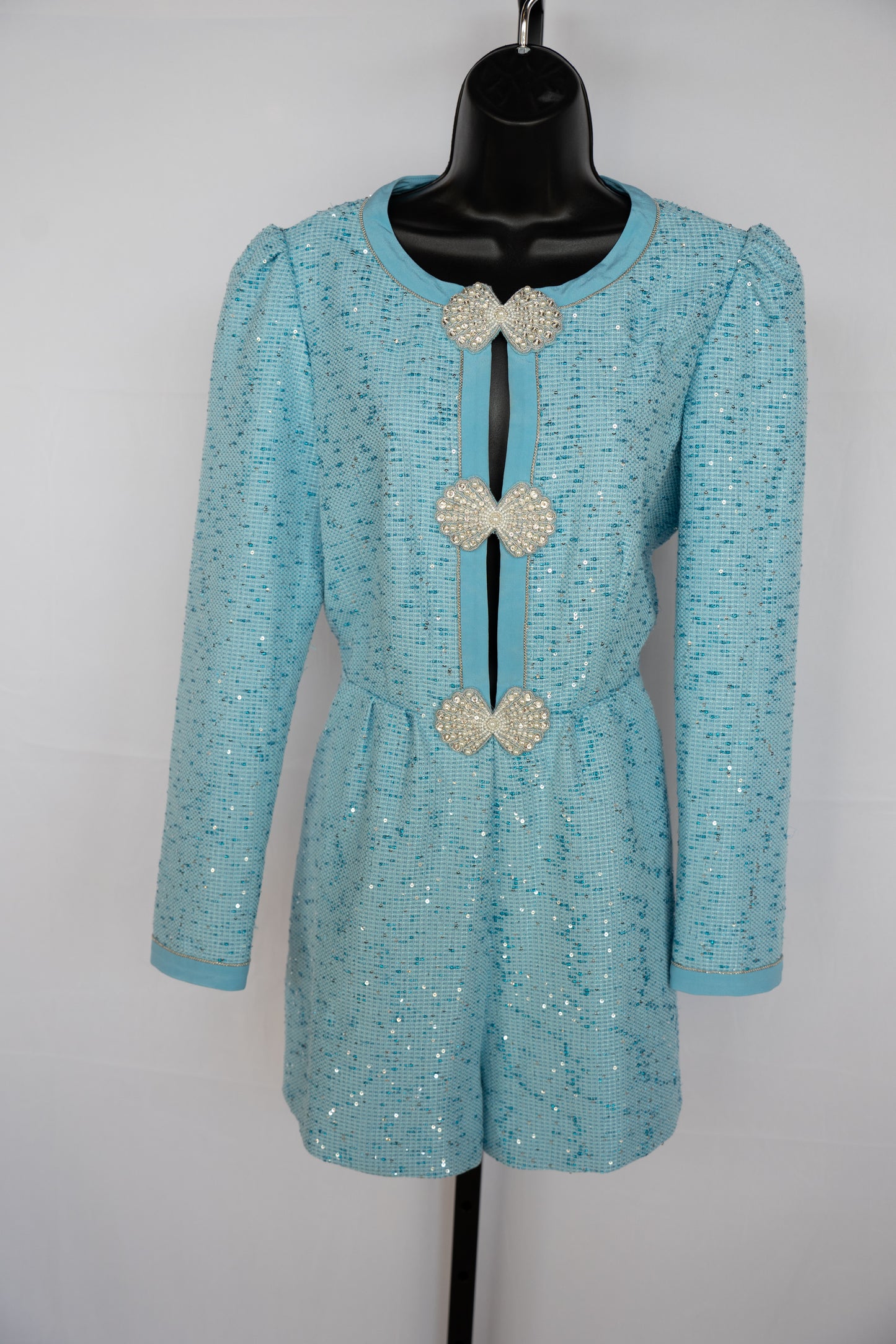 Saloni Blue Tweed Long Sleeve Romper w/ Beaded Details