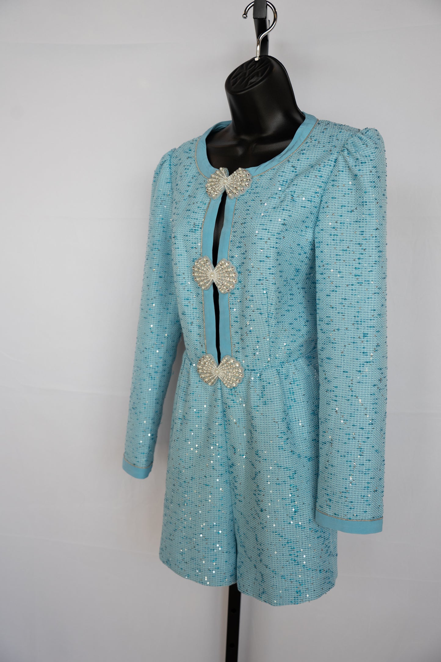 Saloni Blue Tweed Long Sleeve Romper w/ Beaded Details