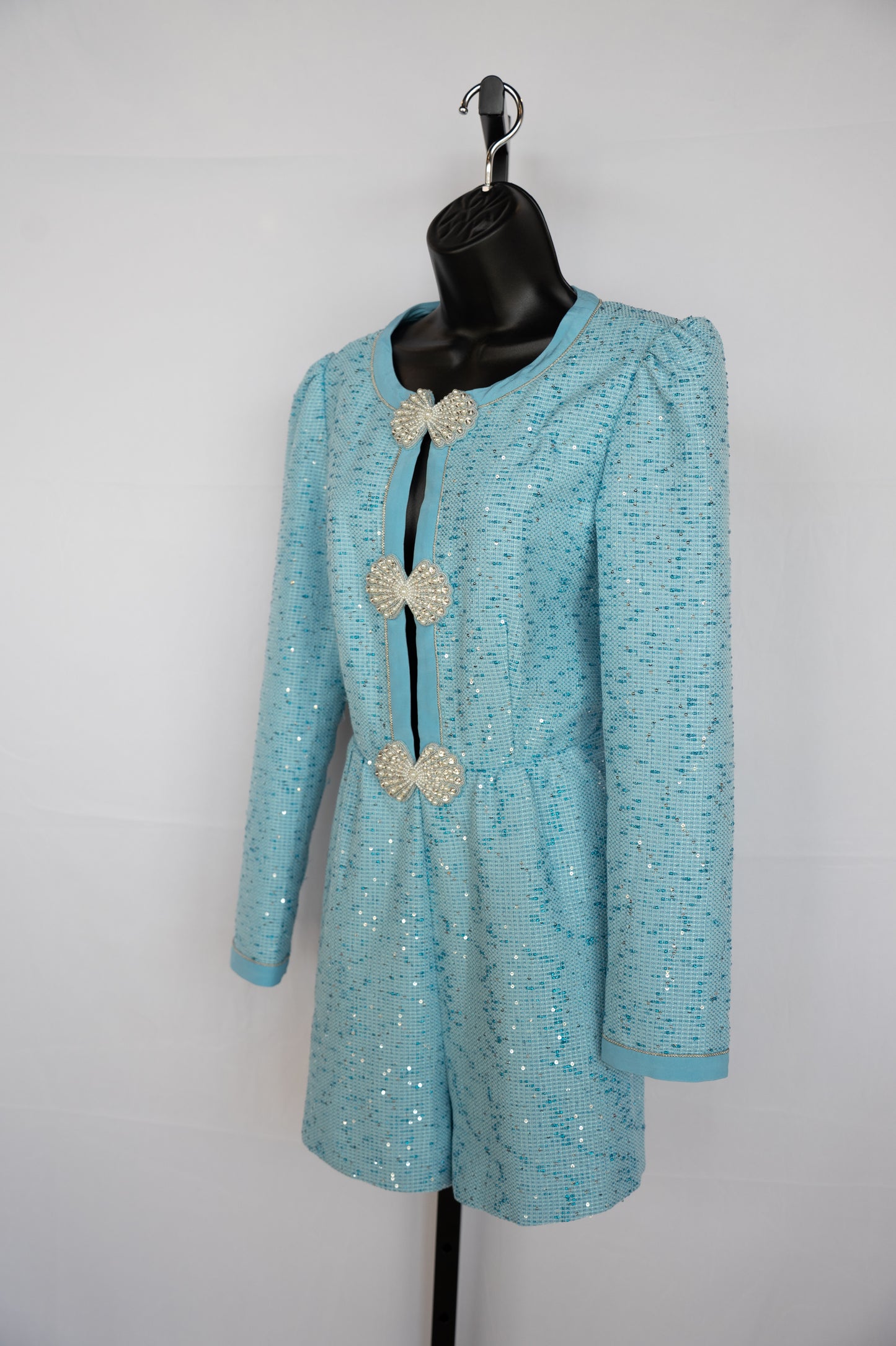 Saloni Blue Tweed Long Sleeve Romper w/ Beaded Details
