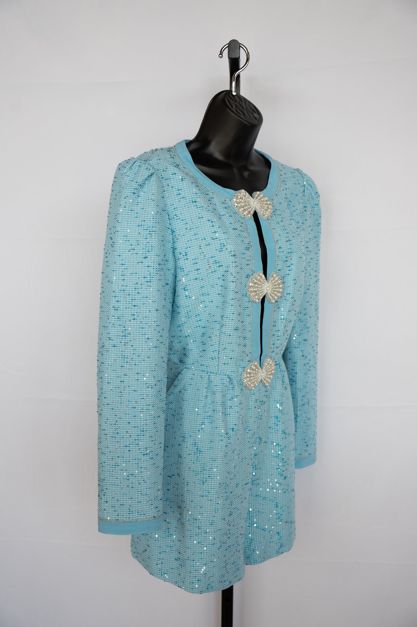 Saloni Blue Tweed Long Sleeve Romper w/ Beaded Details