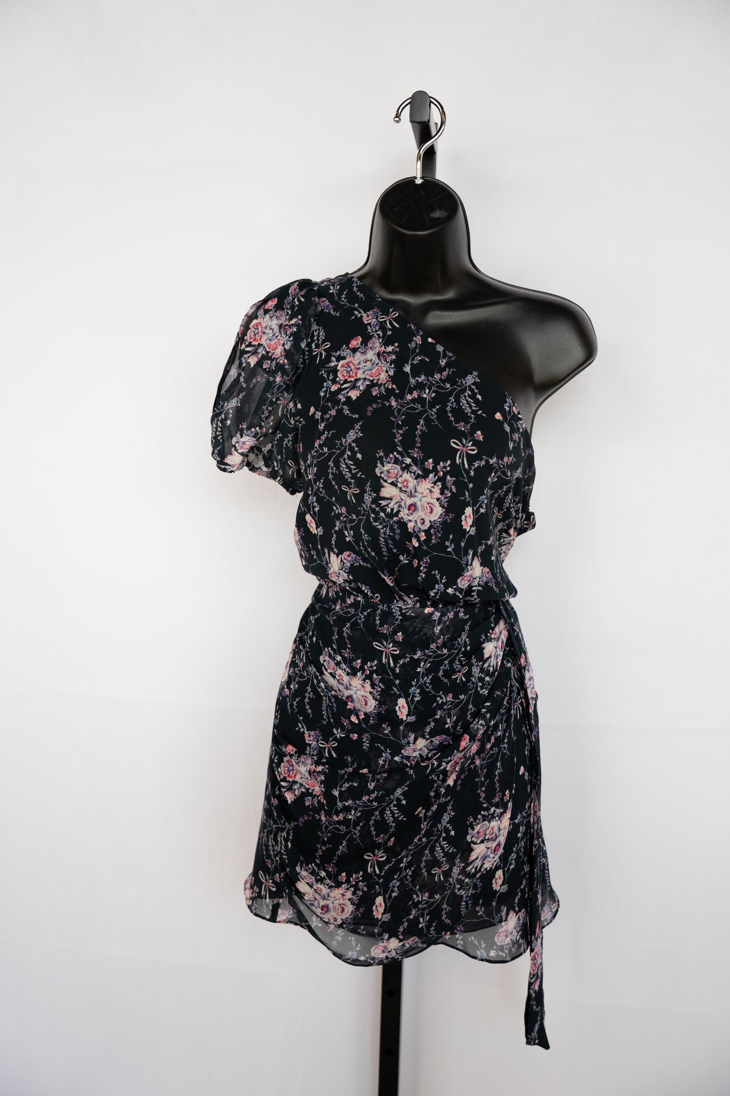 LoveShackFancy Black w/ Pink & Purple Floral Print Silk One Shoulder Mini Dress