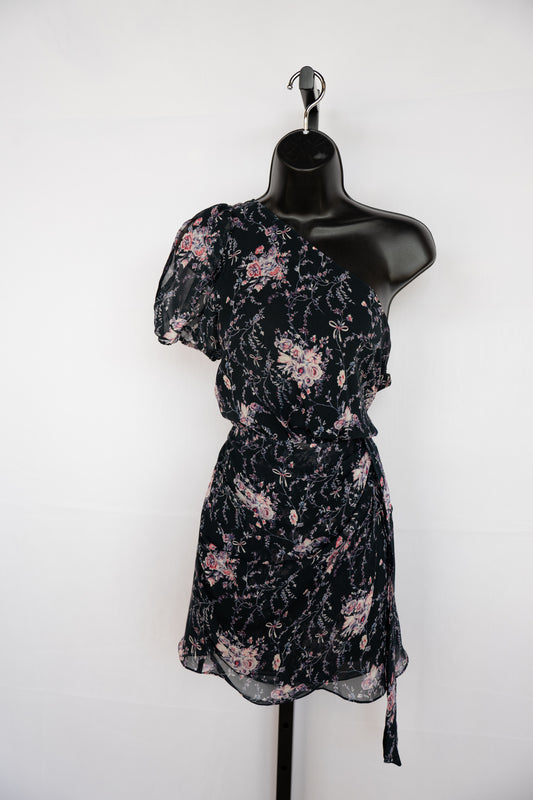 LoveShackFancy Black w/ Pink & Purple Floral Print Silk One Shoulder Mini Dress