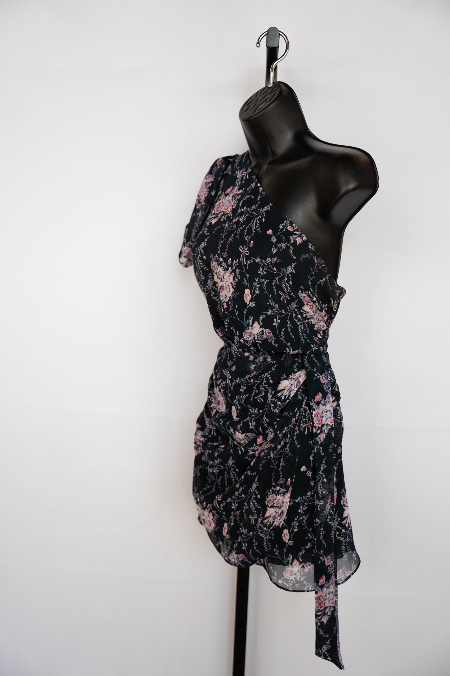 LoveShackFancy Black w/ Pink & Purple Floral Print Silk One Shoulder Mini Dress