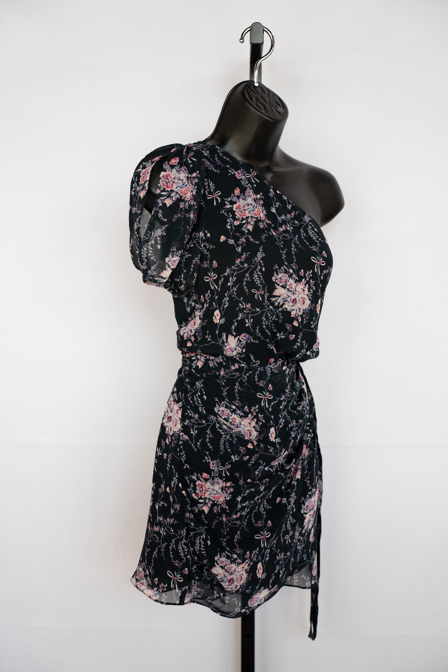 LoveShackFancy Black w/ Pink & Purple Floral Print Silk One Shoulder Mini Dress