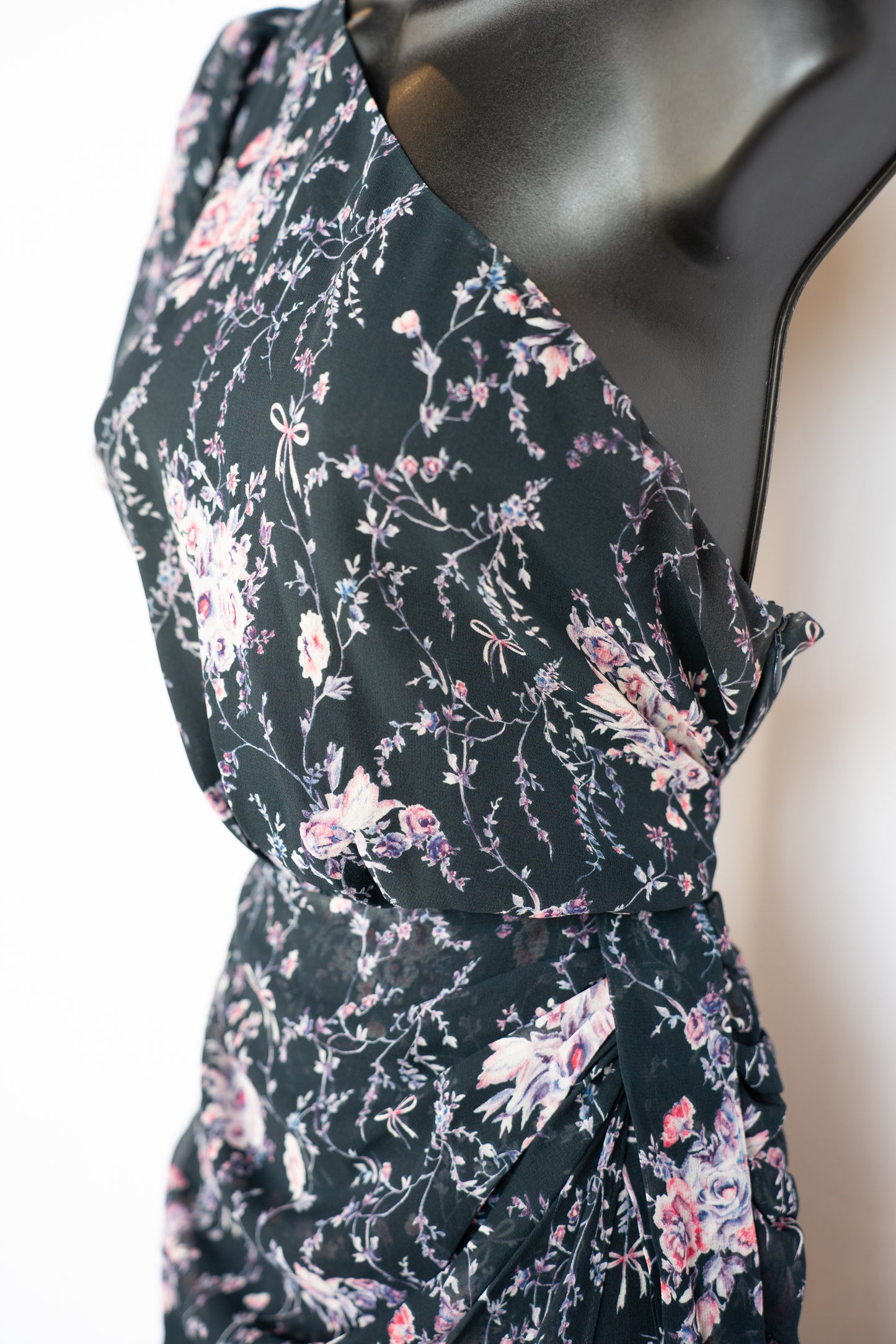 LoveShackFancy Black w/ Pink & Purple Floral Print Silk One Shoulder Mini Dress
