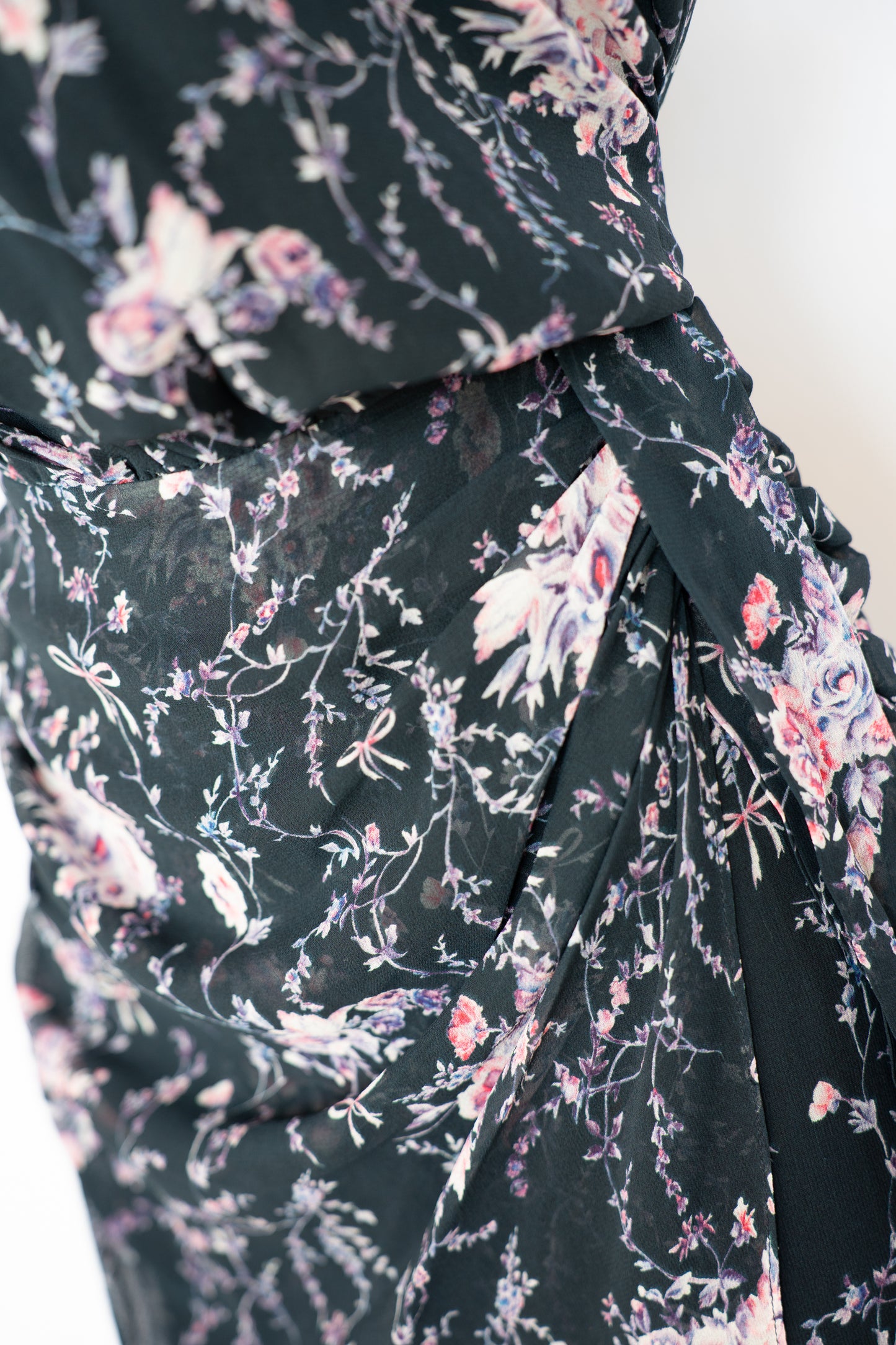 LoveShackFancy Black w/ Pink & Purple Floral Print Silk One Shoulder Mini Dress