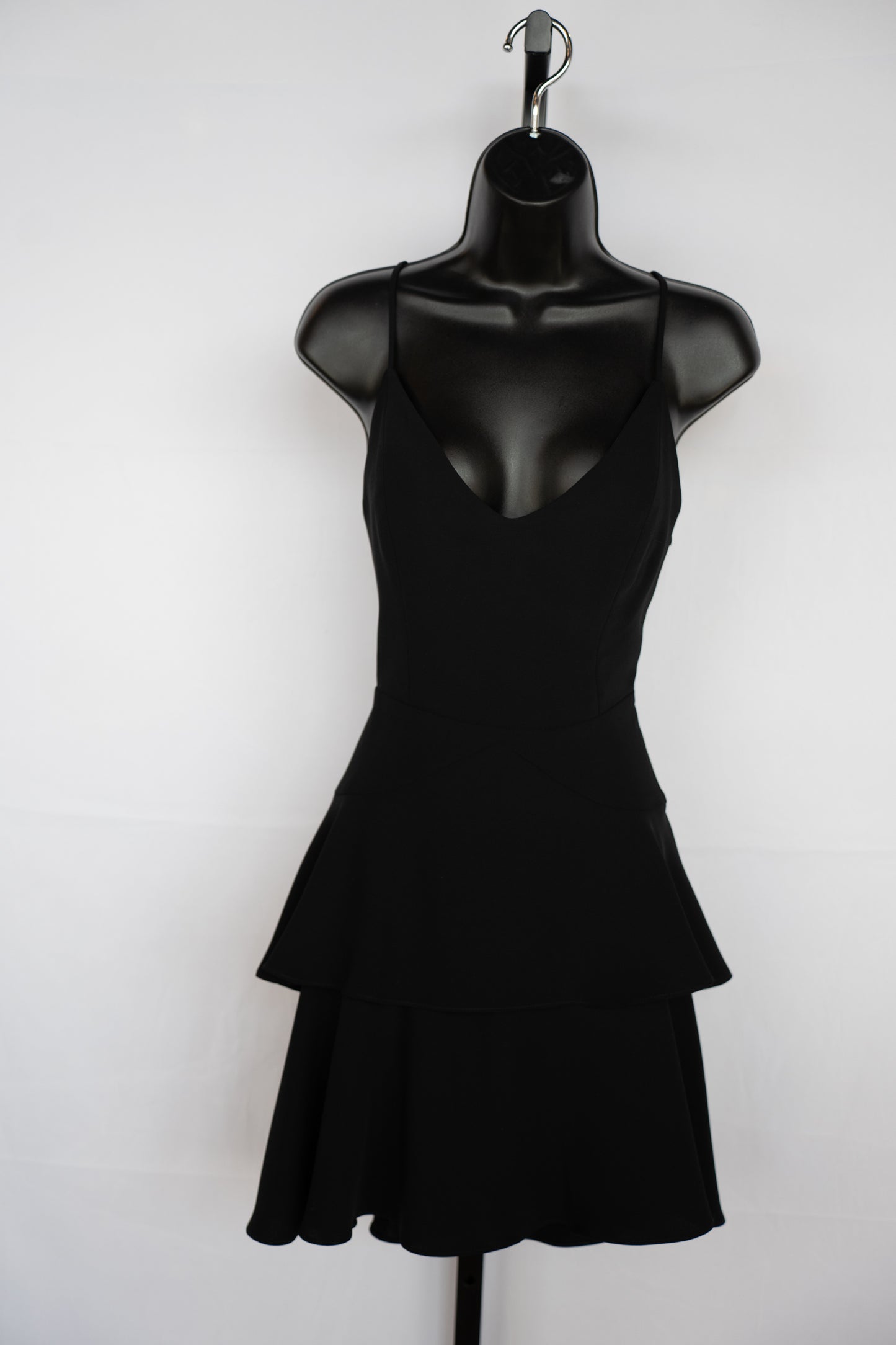 Amanda Uprichard Black Sleeveless V-Neck Fitted Mini Dress w Tiered Ruffles
