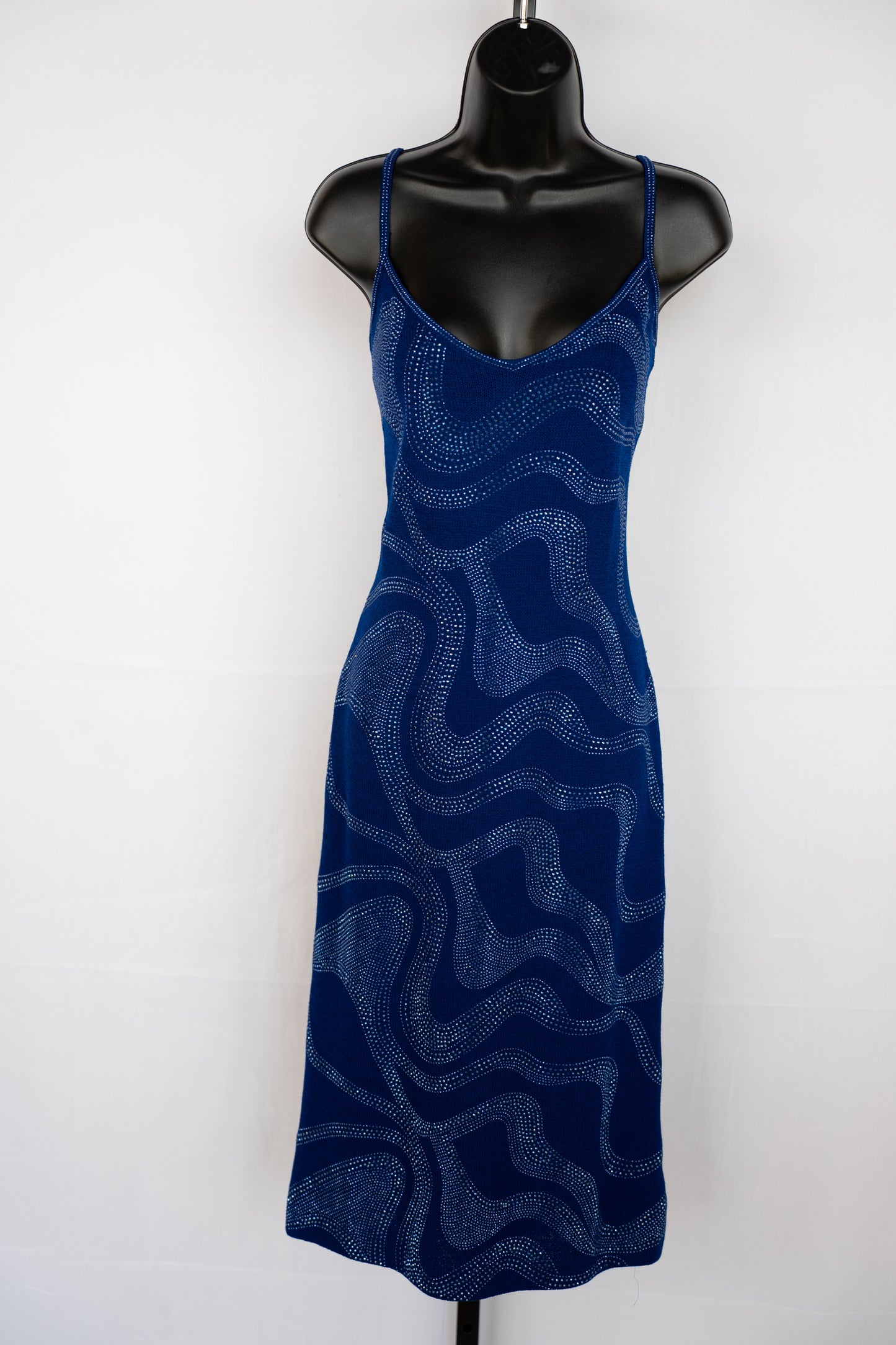 St. John Evening Knit Blue w Blue Rhinestone Detail Sleeveless Midi Dress