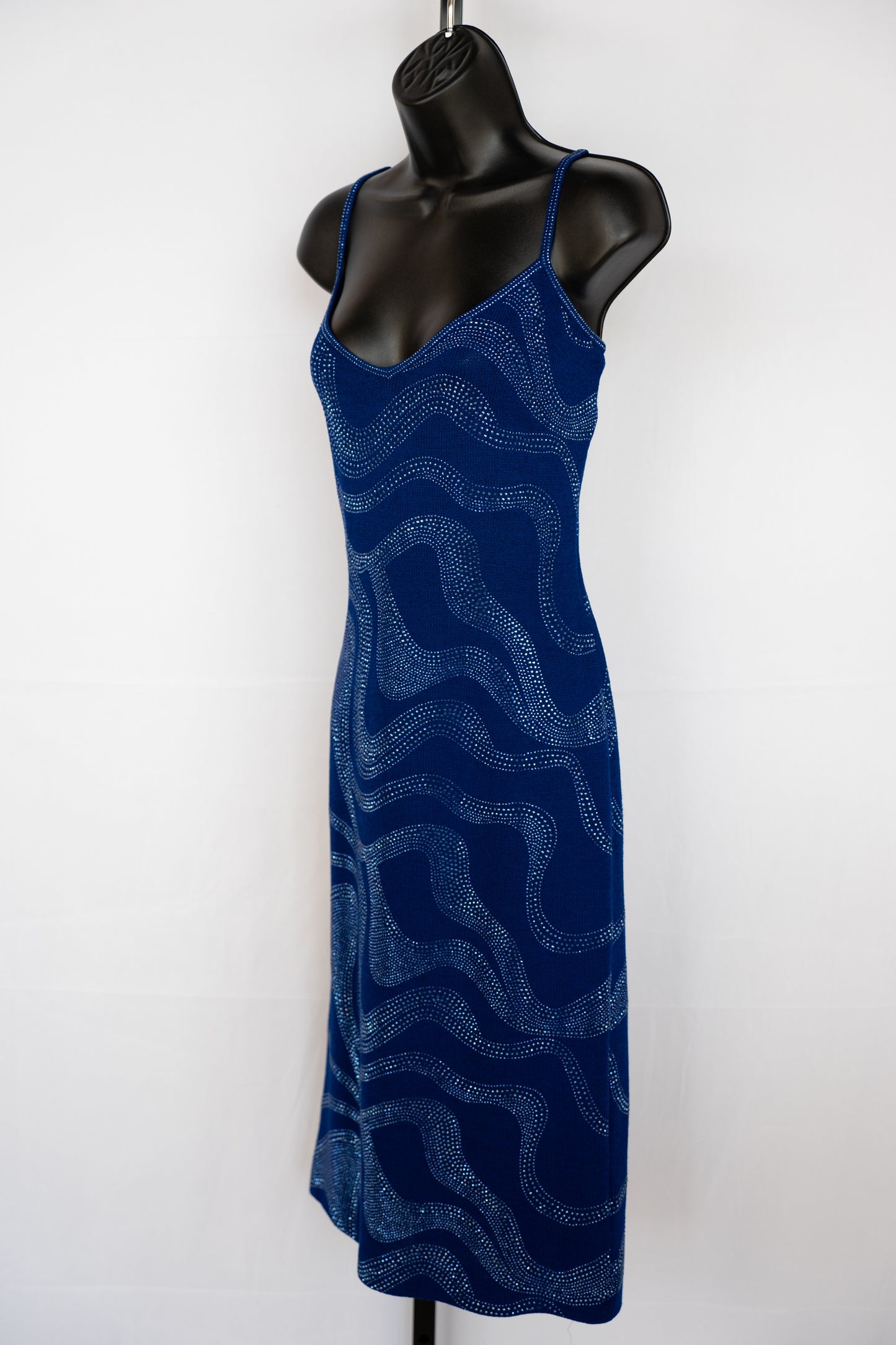 St. John Evening Knit Blue w Blue Rhinestone Detail Sleeveless Midi Dress