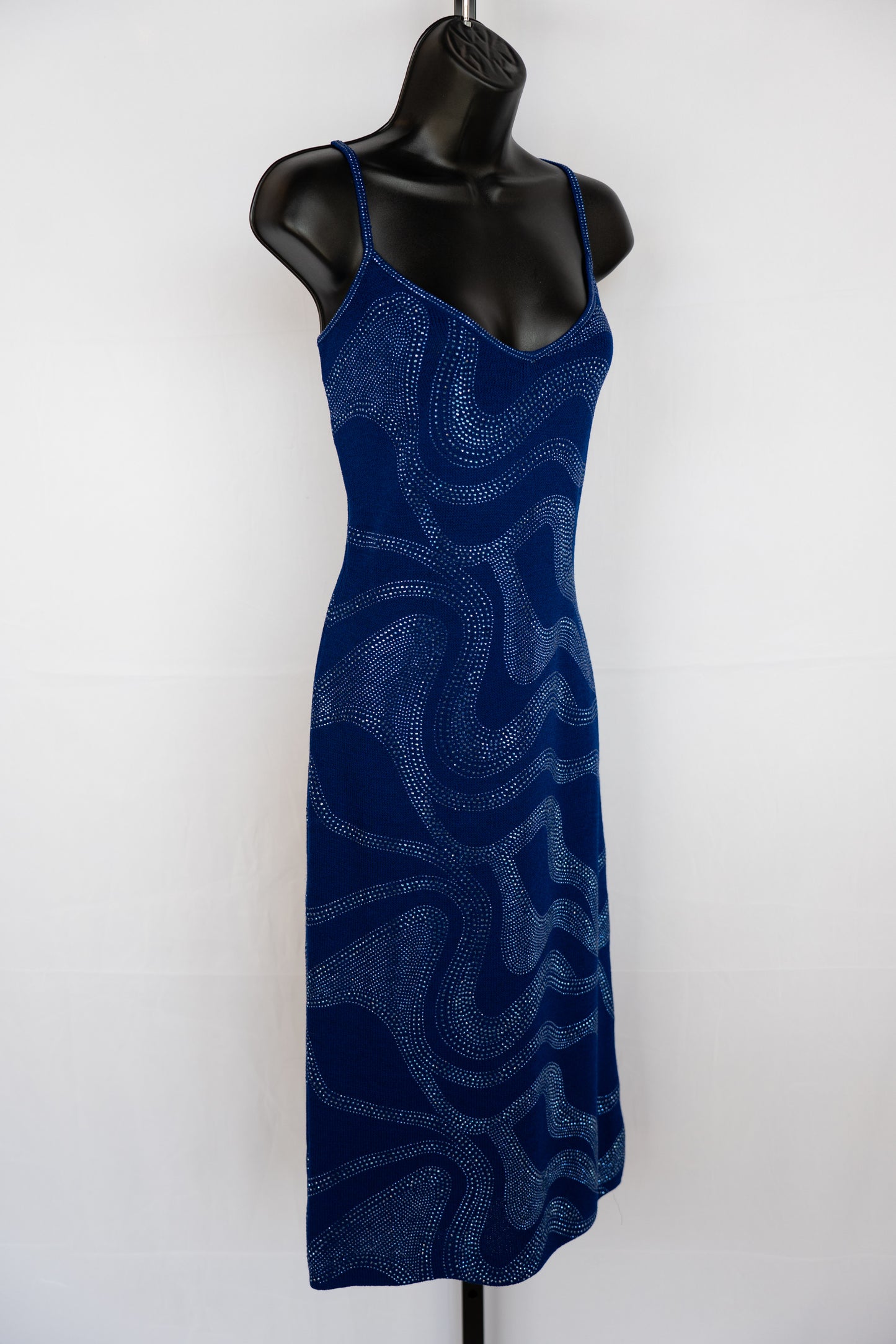 St. John Evening Knit Blue w Blue Rhinestone Detail Sleeveless Midi Dress