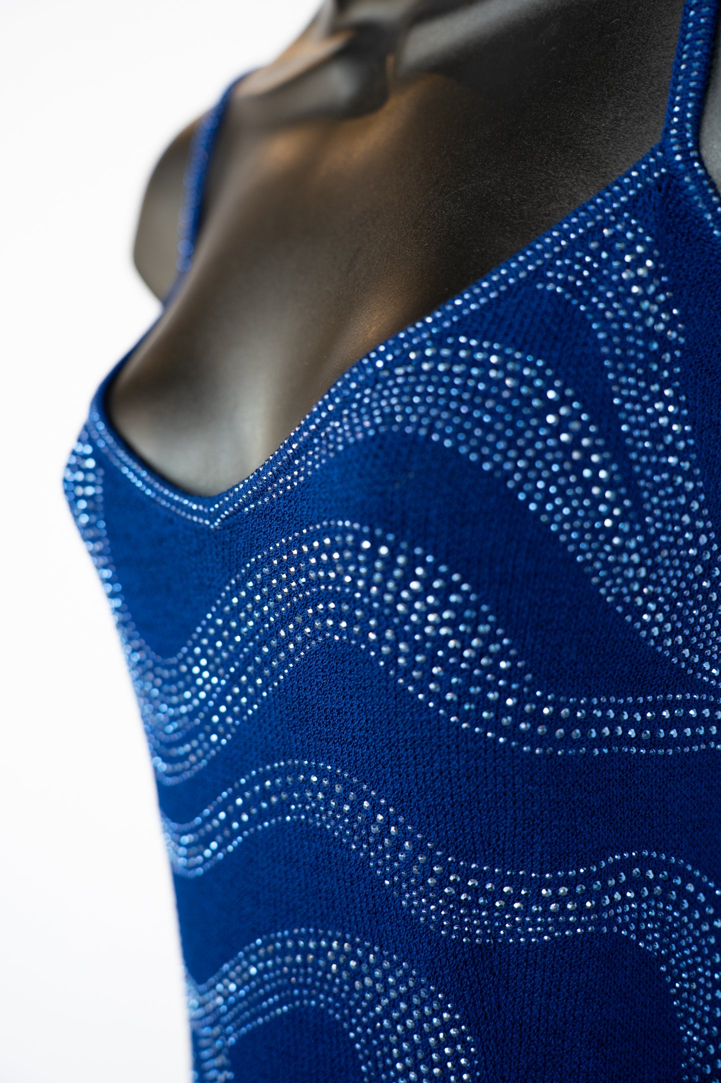 St. John Evening Knit Blue w Blue Rhinestone Detail Sleeveless Midi Dress