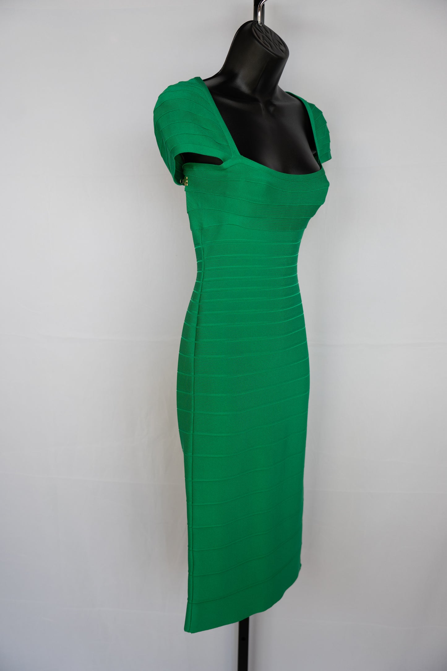 Herve Leger Green Cap Sleeve Open Back Knee-Length Bandage Dress