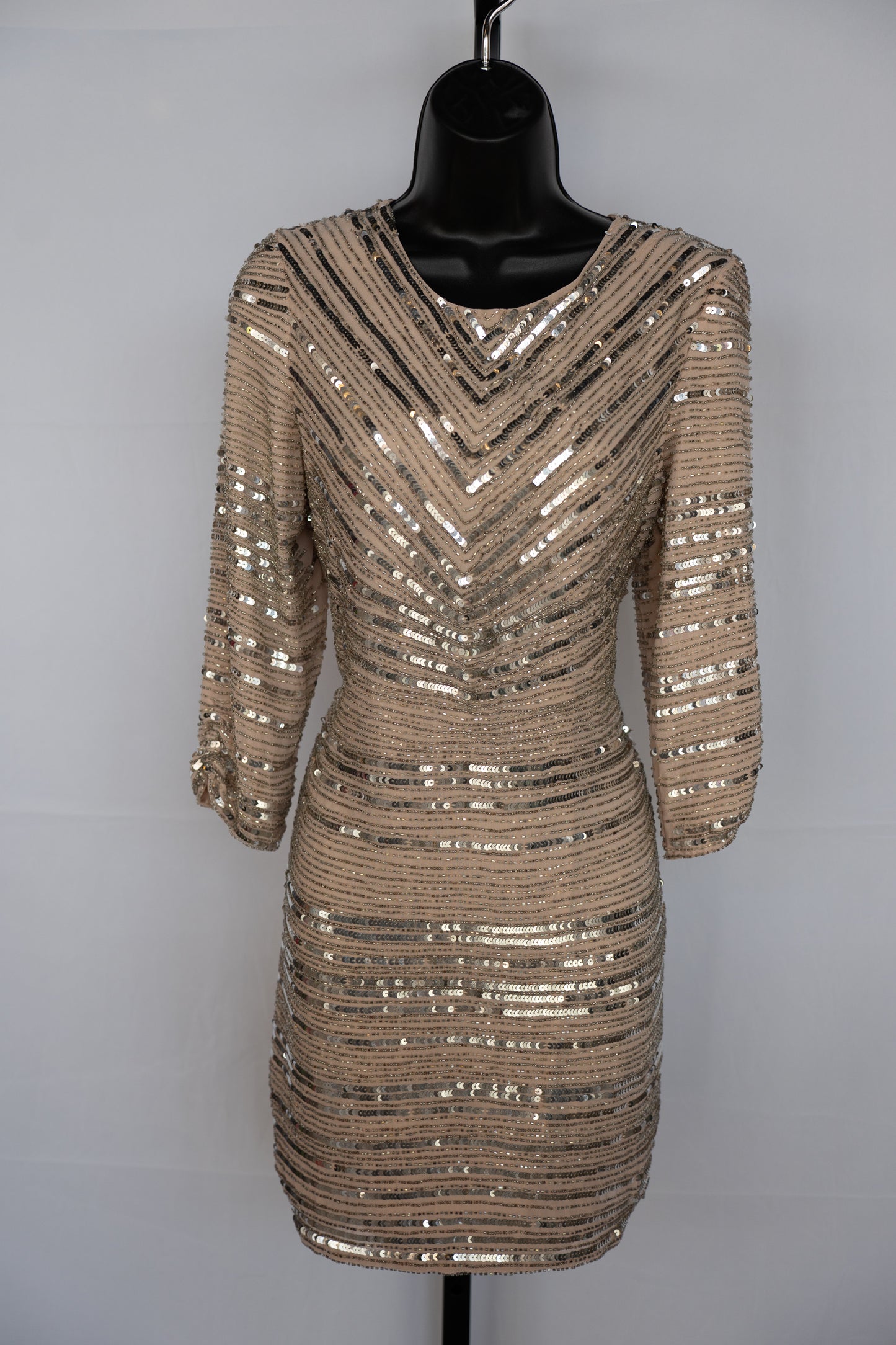 Parker Nude Long Sleeve Mini Dress w/ Silver Sequins & Beading