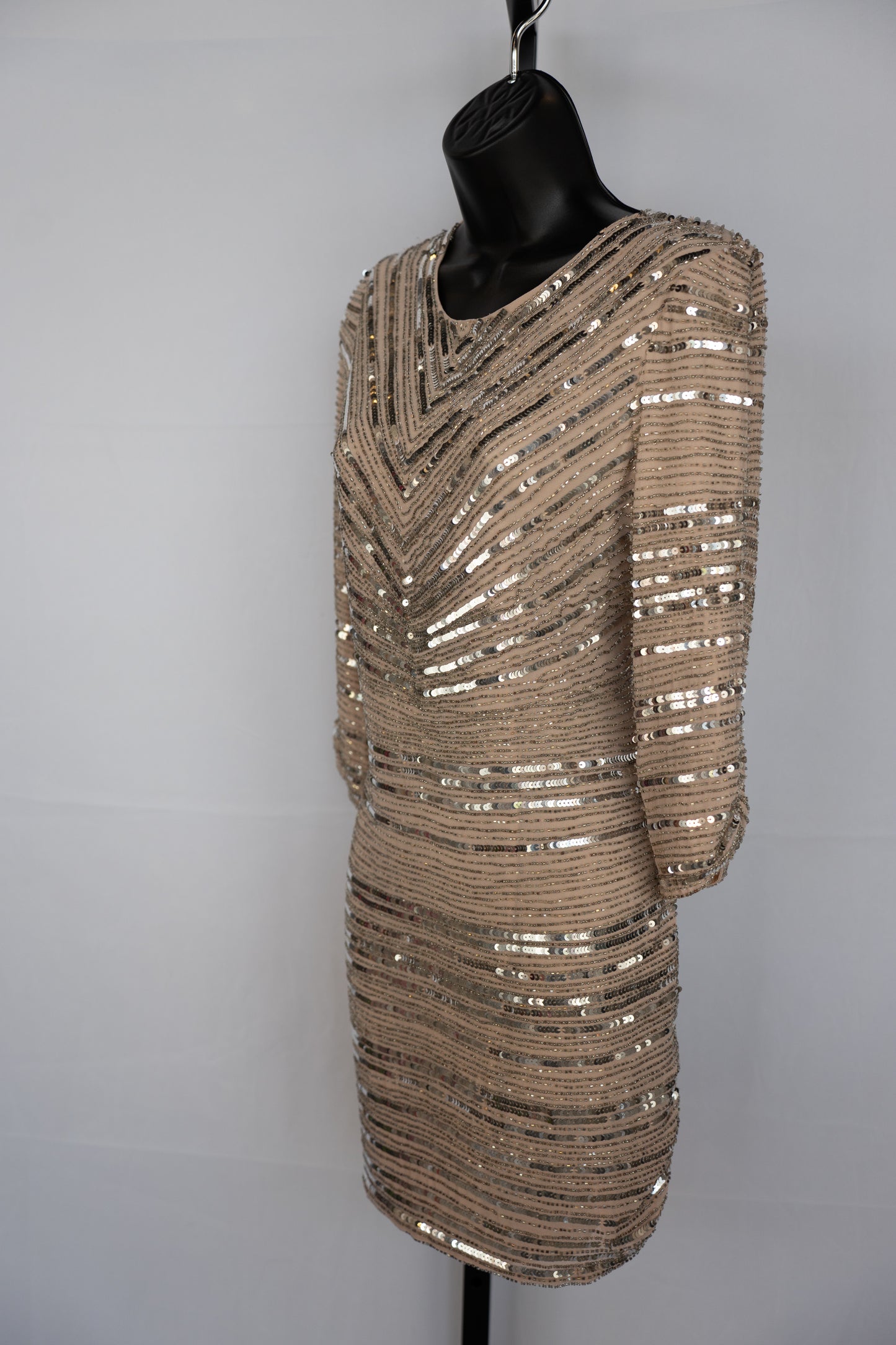 Parker Nude Long Sleeve Mini Dress w/ Silver Sequins & Beading