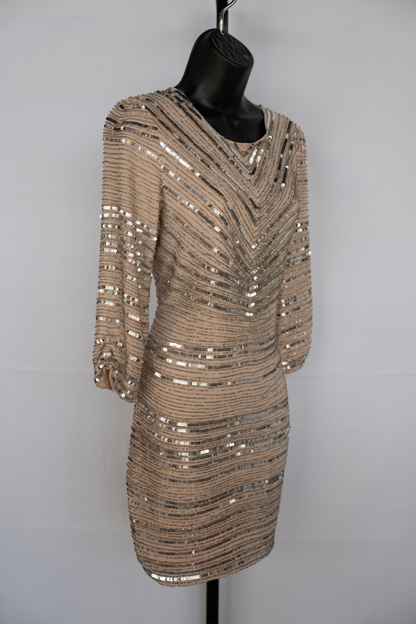 Parker Nude Long Sleeve Mini Dress w/ Silver Sequins & Beading