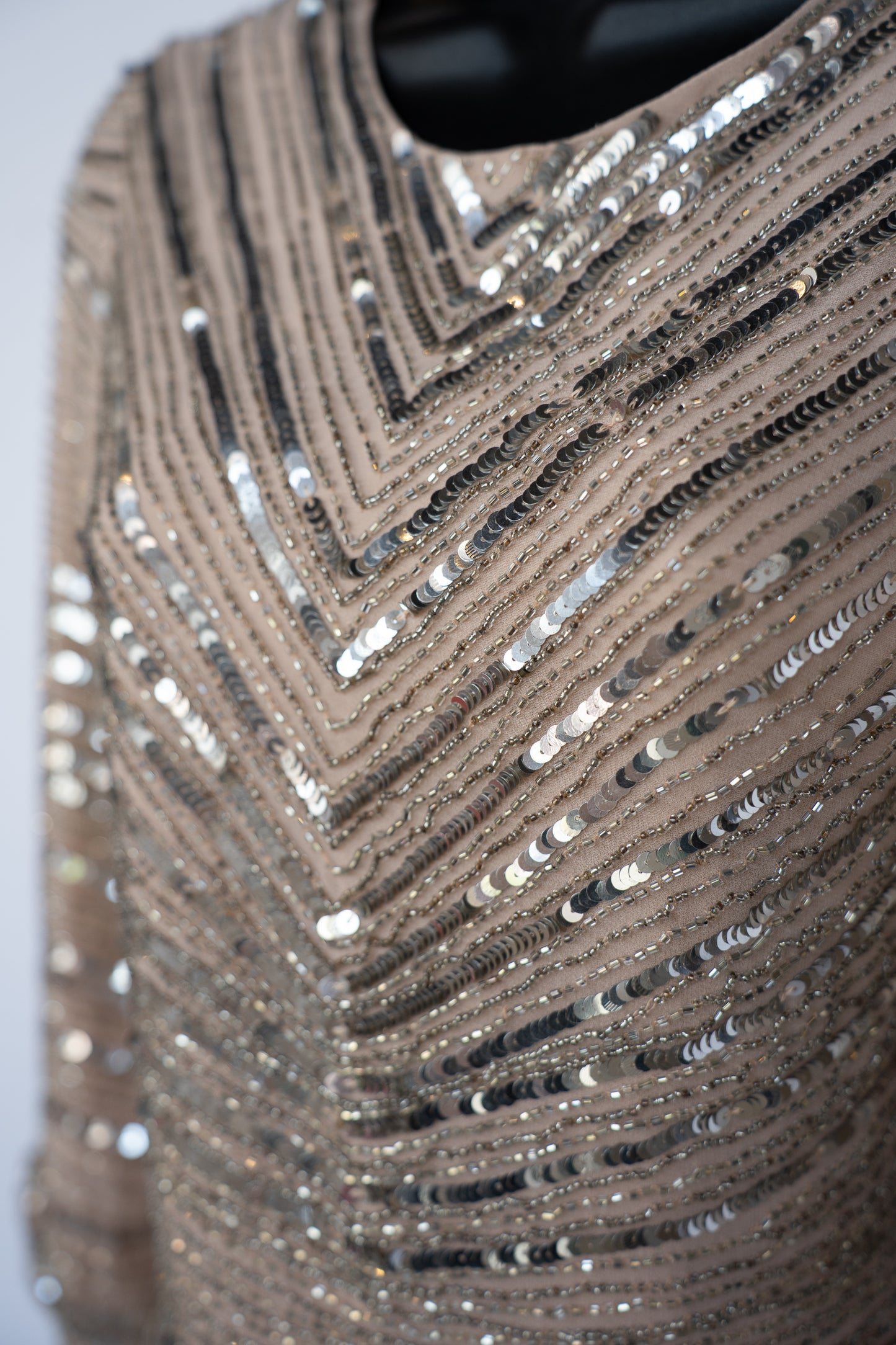 Parker Nude Long Sleeve Mini Dress w/ Silver Sequins & Beading