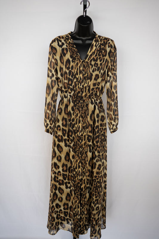 Veronica Beard Leopard Print Tie-Neck Button Up Long Sleeve Maxi Dress NWT