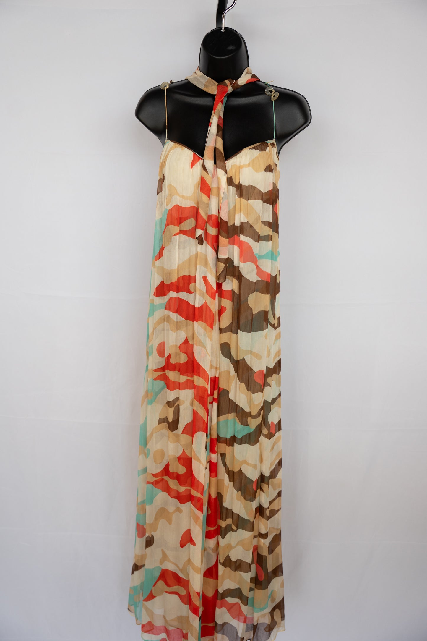 Diane Von Furstenberg Silk Beige Brown Red Blue Print Sleeveless Maxi Dress w Tie