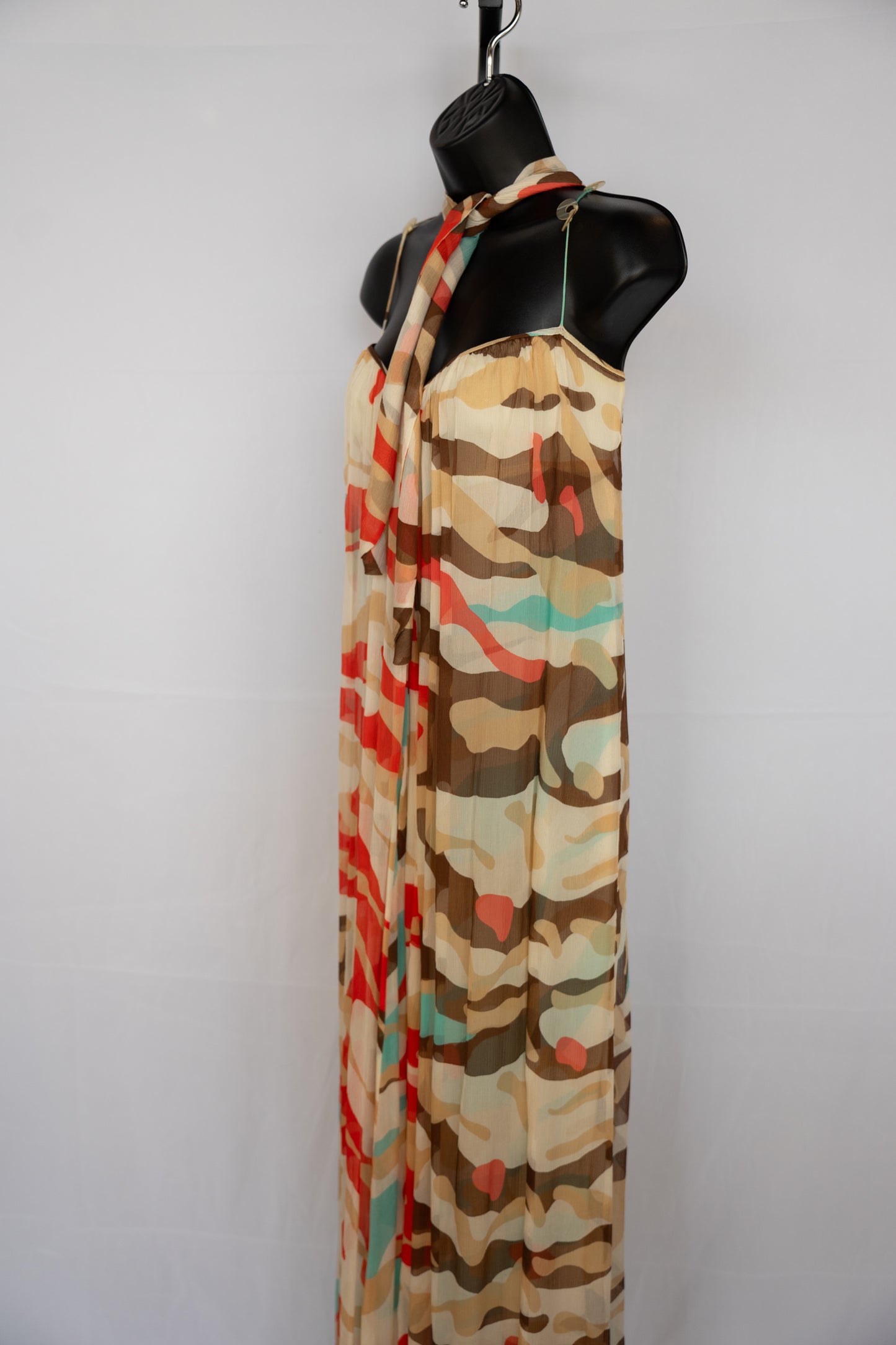 Diane Von Furstenberg Silk Beige Brown Red Blue Print Sleeveless Maxi Dress w Tie