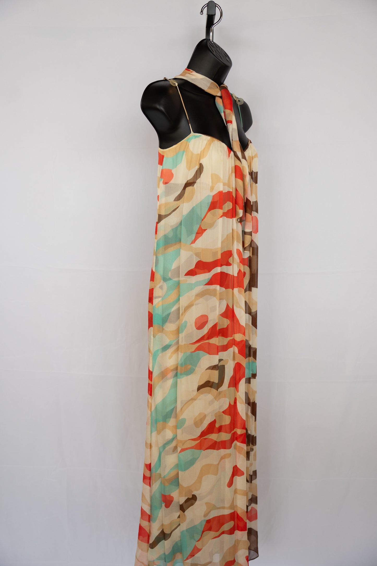 Diane Von Furstenberg Silk Beige Brown Red Blue Print Sleeveless Maxi Dress w Tie