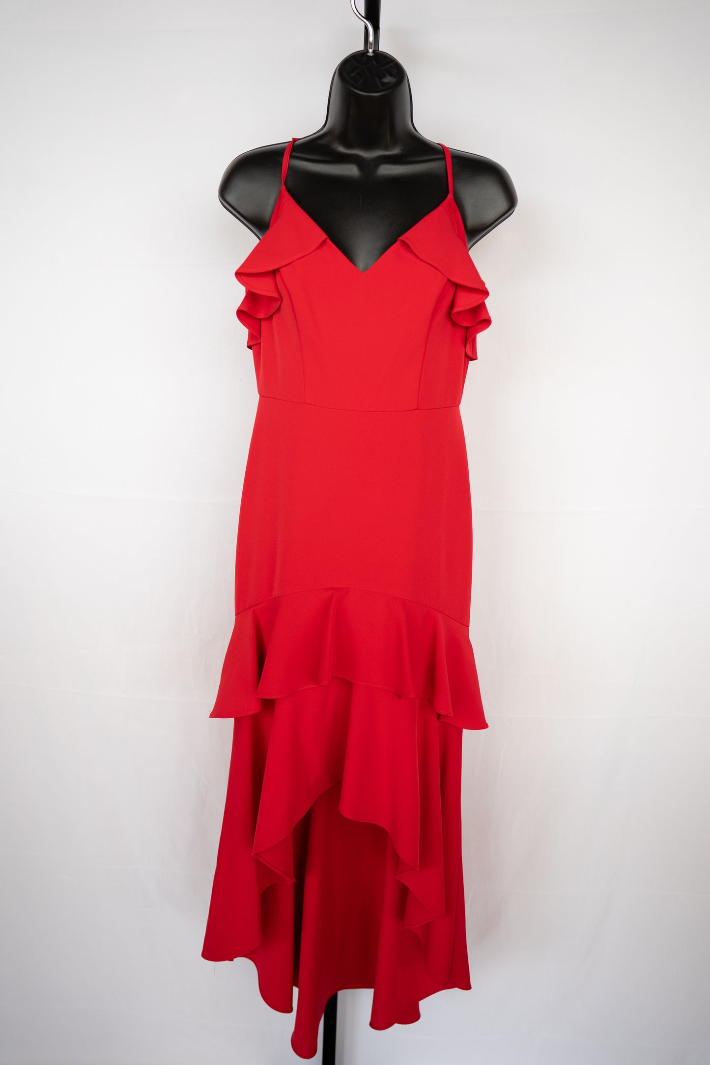 Aidan Mattox Red V-Neck Sleeveless High-Low Hem Full-Length Dress w Ruffle Detail