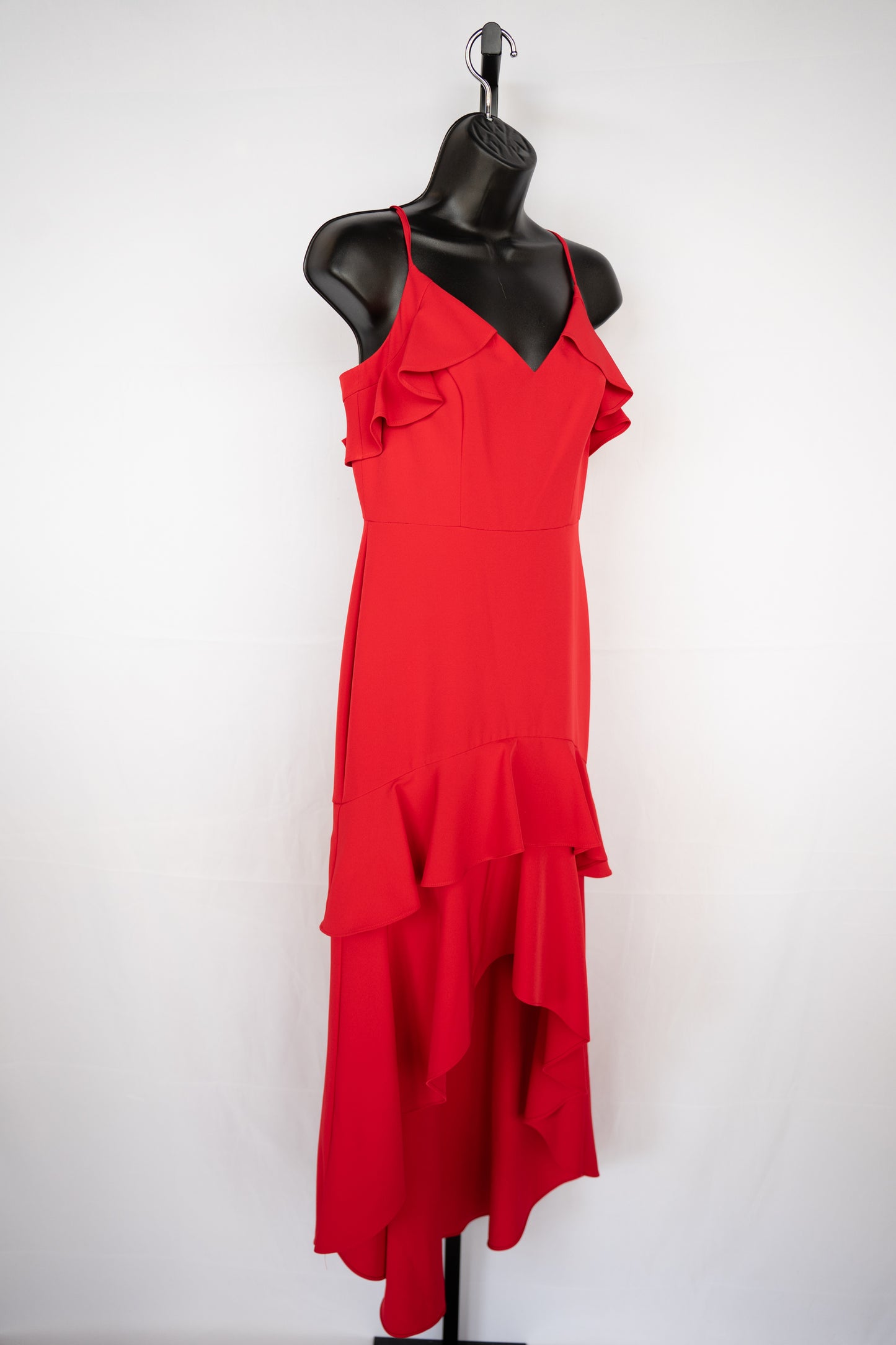 Aidan Mattox Red V-Neck Sleeveless High-Low Hem Full-Length Dress w Ruffle Detail