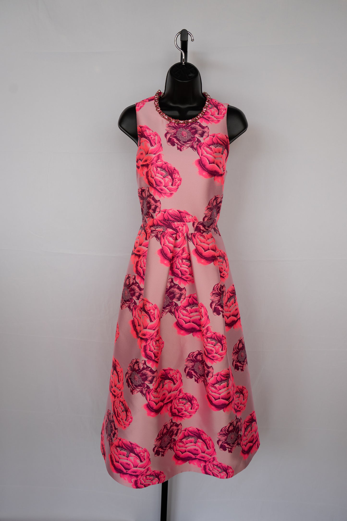 Alice + Olivia Multi Pink Floral High Jeweled Neckline Pleated Midi Dress