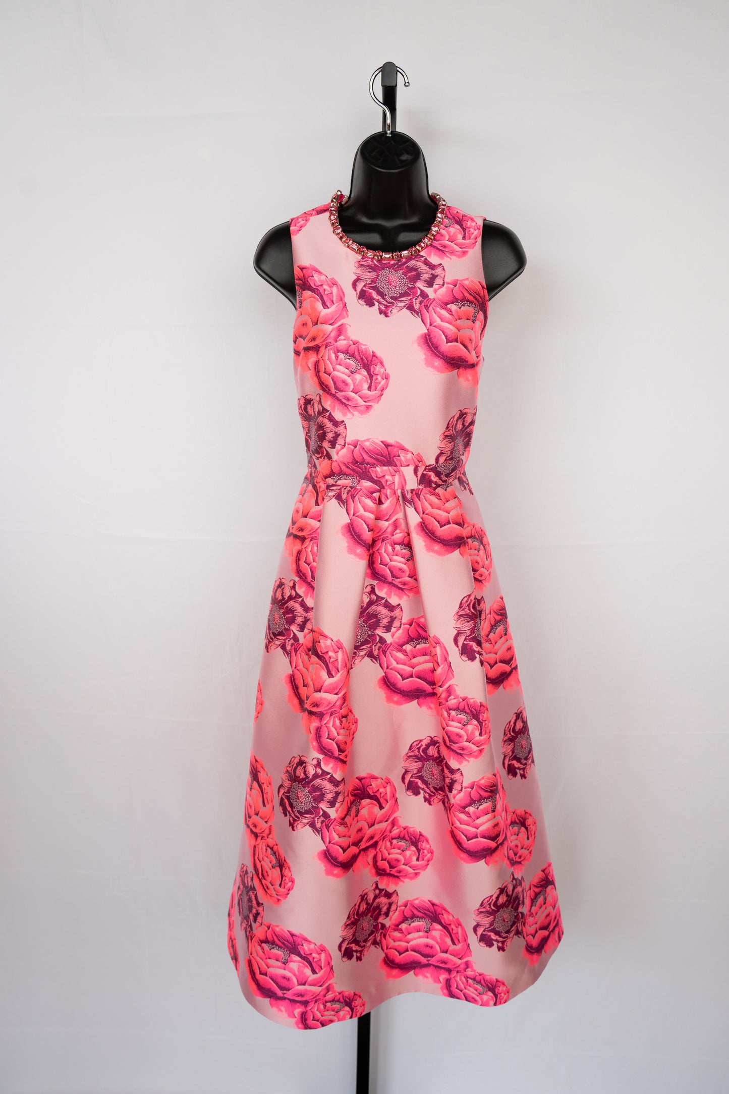 Alice + Olivia Multi Pink Floral High Jeweled Neckline Pleated Midi Dress