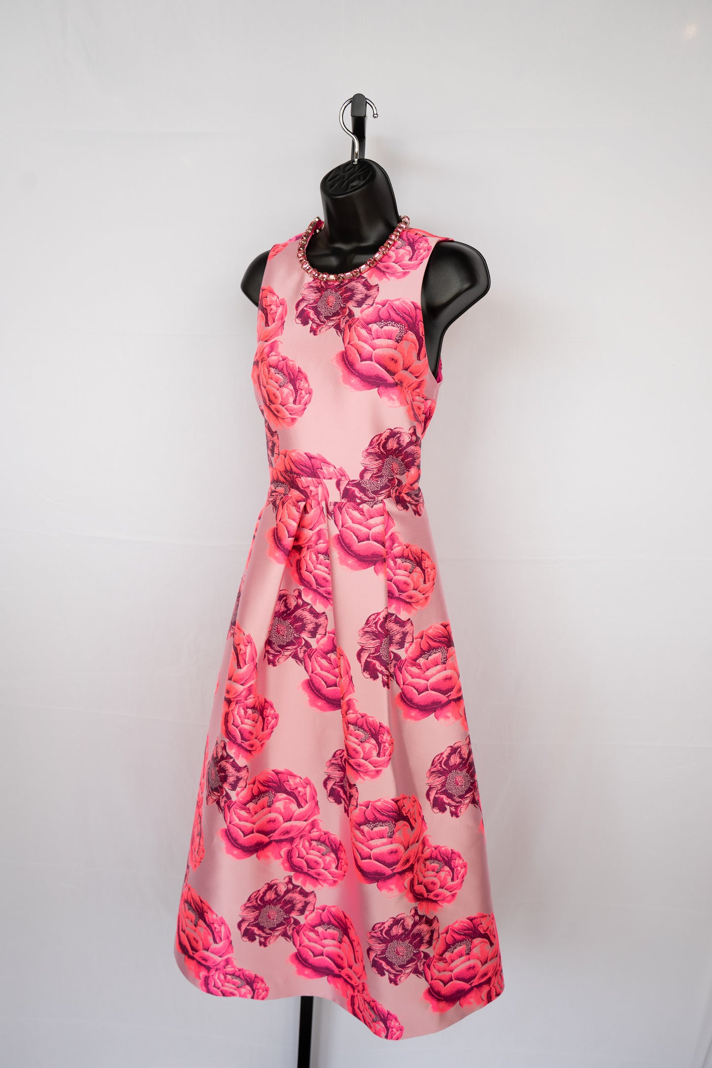 Alice + Olivia Multi Pink Floral High Jeweled Neckline Pleated Midi Dress