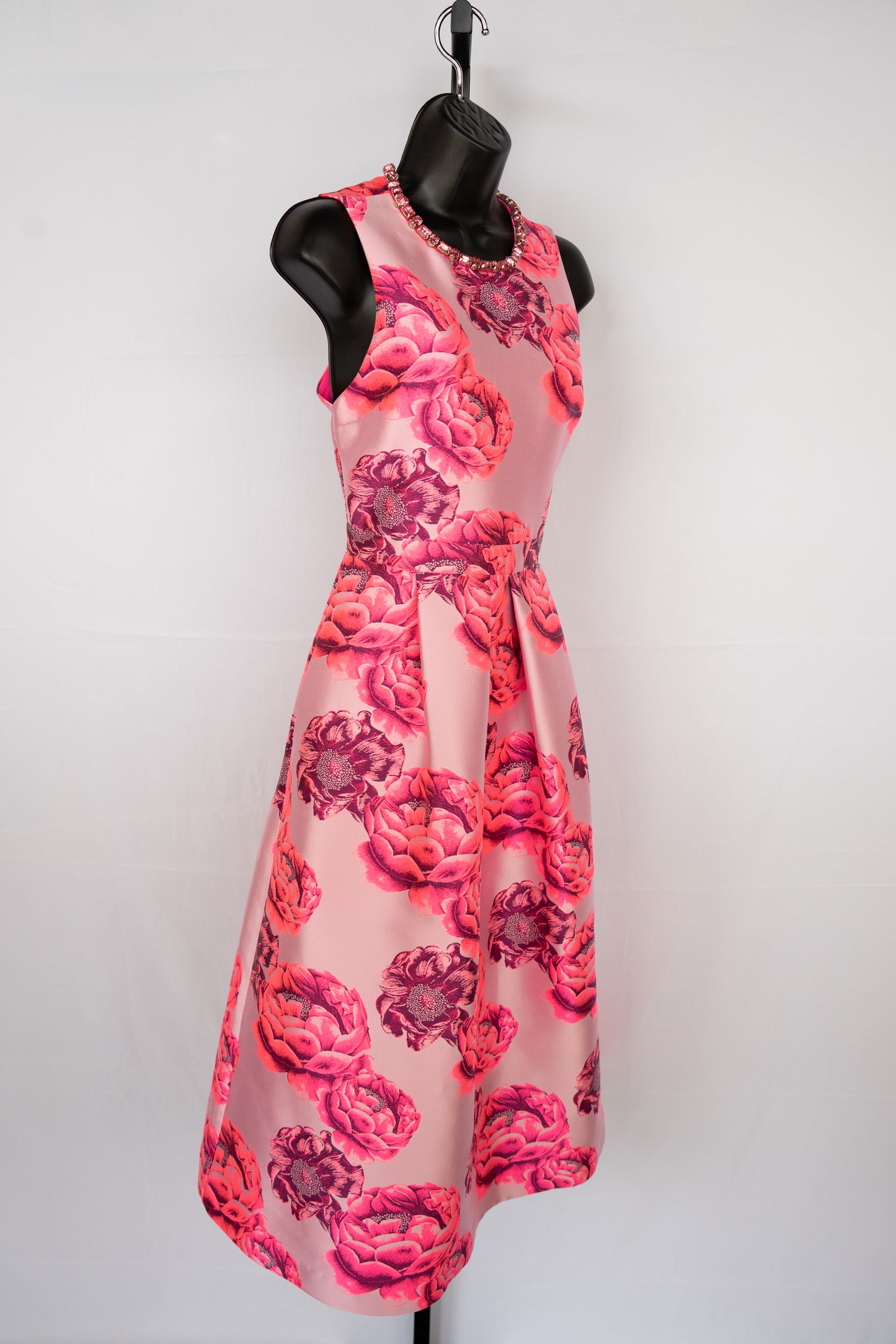 Alice + Olivia Multi Pink Floral High Jeweled Neckline Pleated Midi Dress