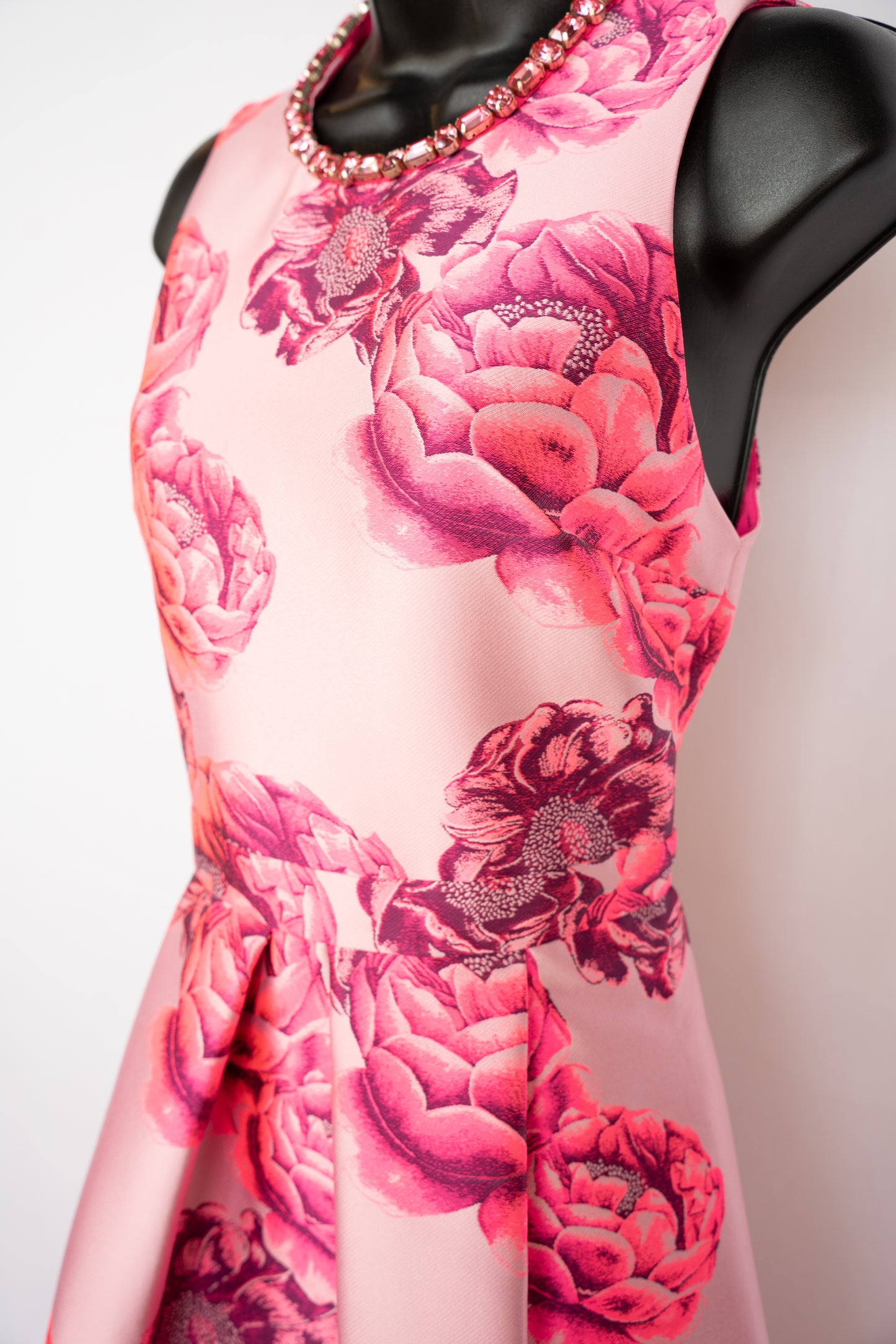 Alice + Olivia Multi Pink Floral High Jeweled Neckline Pleated Midi Dress