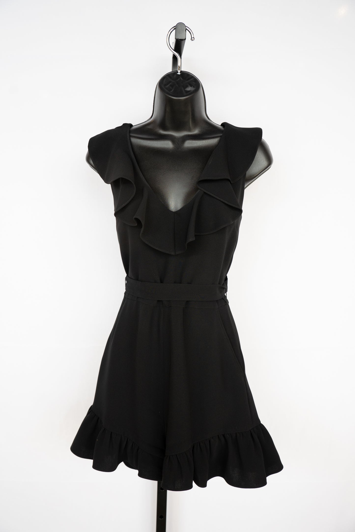 Elizabeth and James Black Sleeveless Ruffle Romper w/ Waist Tie