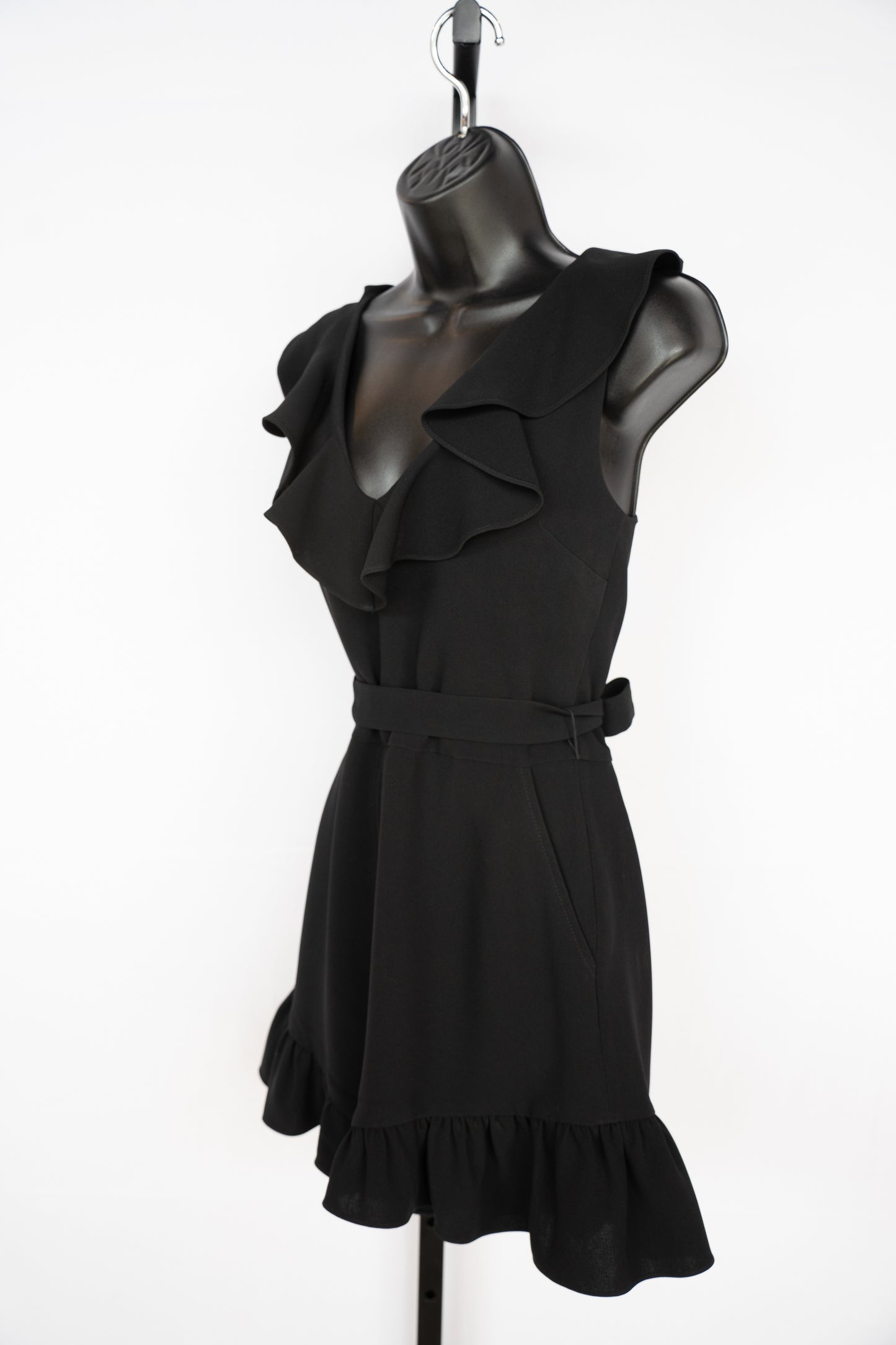 Elizabeth and James Black Sleeveless Ruffle Romper w/ Waist Tie