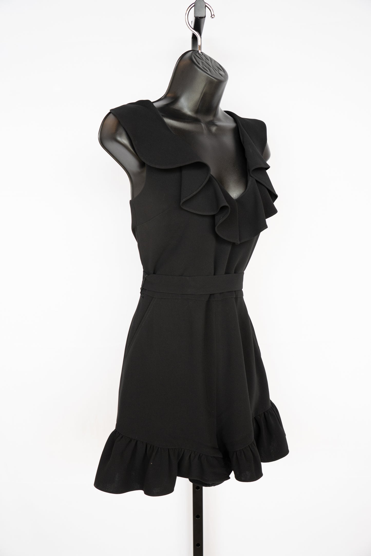 Elizabeth and James Black Sleeveless Ruffle Romper w/ Waist Tie