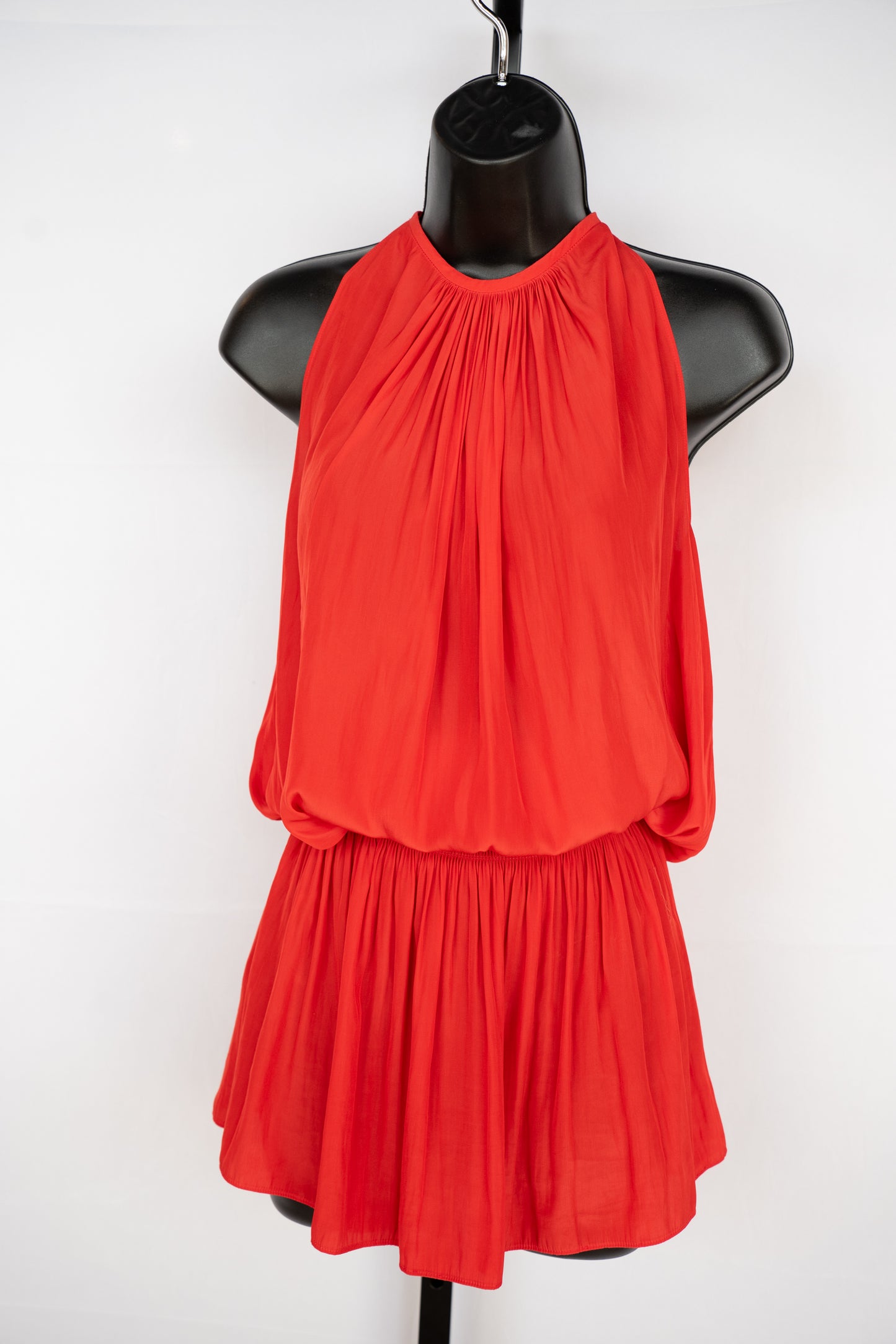 Ramy Brook Silk Red Halter-Neck Sleeveless Smocked Waist Mini Dress
