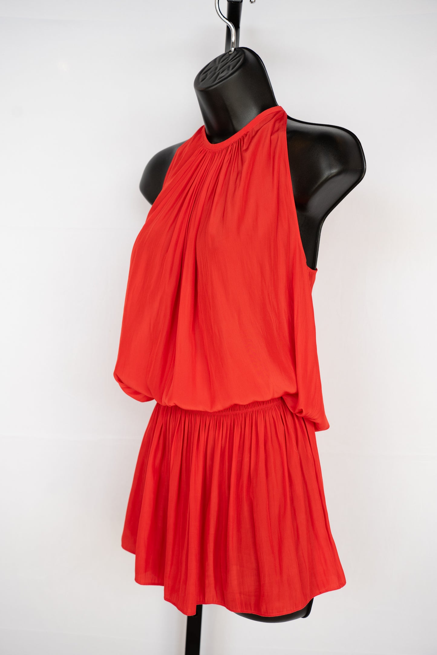 Ramy Brook Silk Red Halter-Neck Sleeveless Smocked Waist Mini Dress