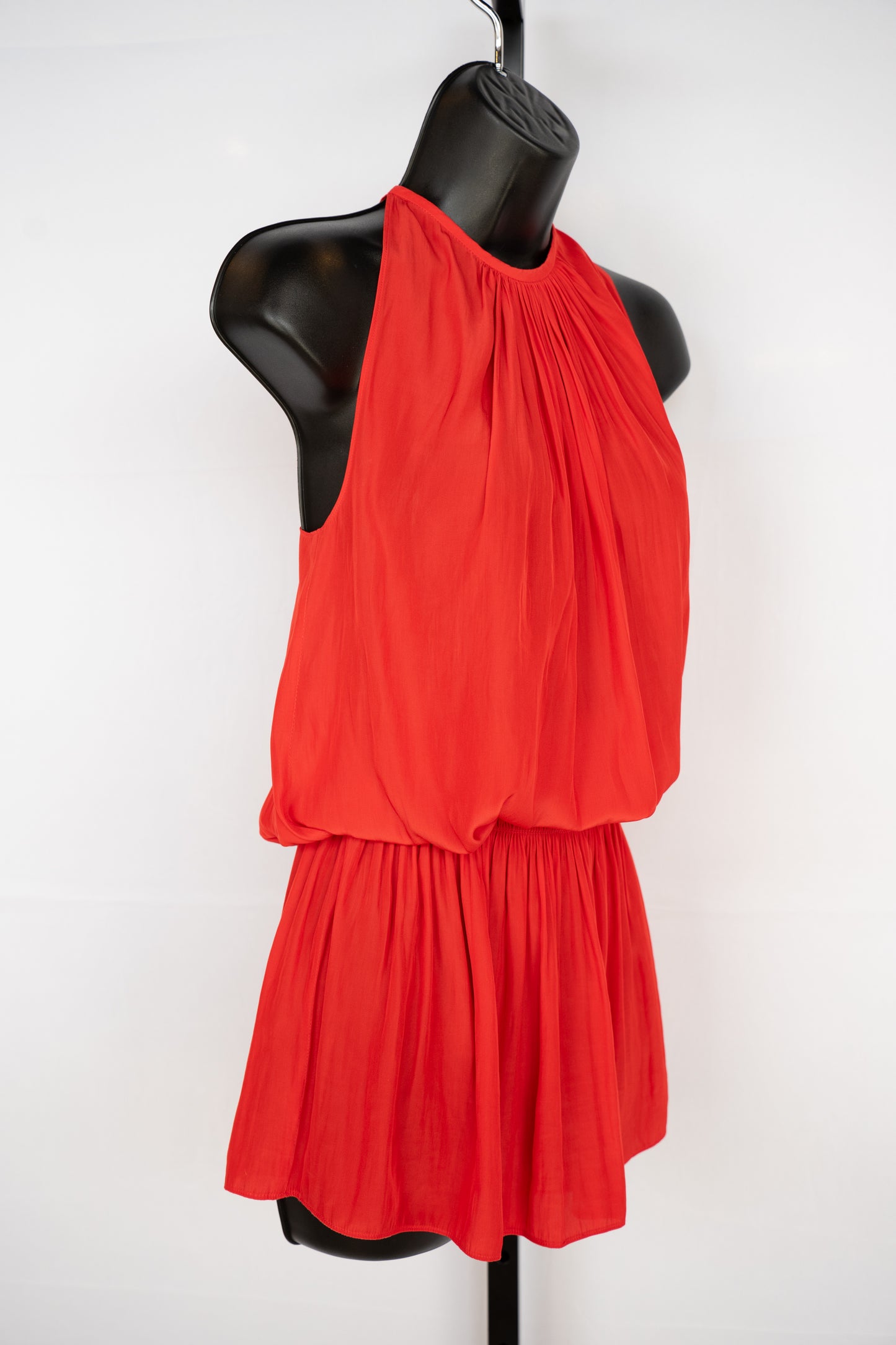 Ramy Brook Silk Red Halter-Neck Sleeveless Smocked Waist Mini Dress