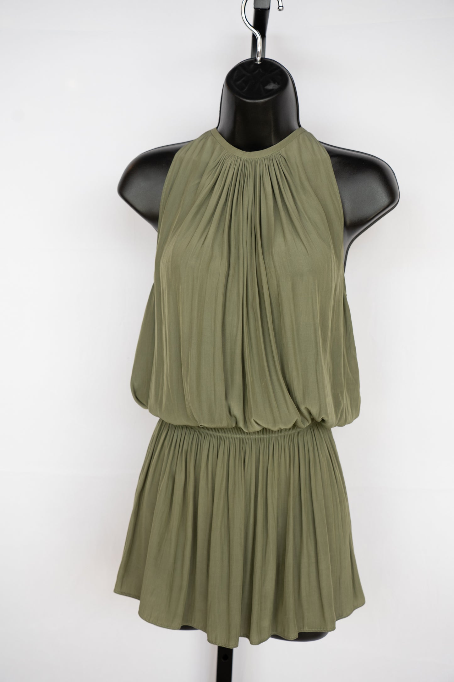 Ramy Brook Silk Army Green Halter-Neck Sleeveless Smocked Waist Mini Dress